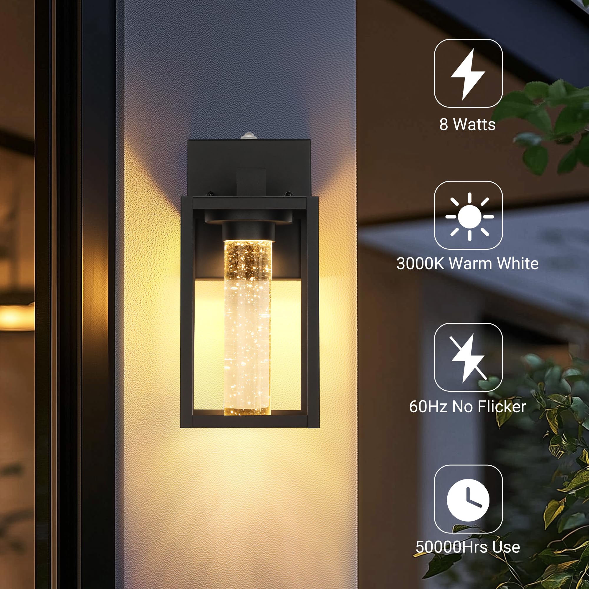 WIHTU Outdoor Wall Lantern Sconce - 2 Pack, Waterproof Black Matte Finish, Dusk to Dawn Crystal Bulb, Tempered Glass Shade
