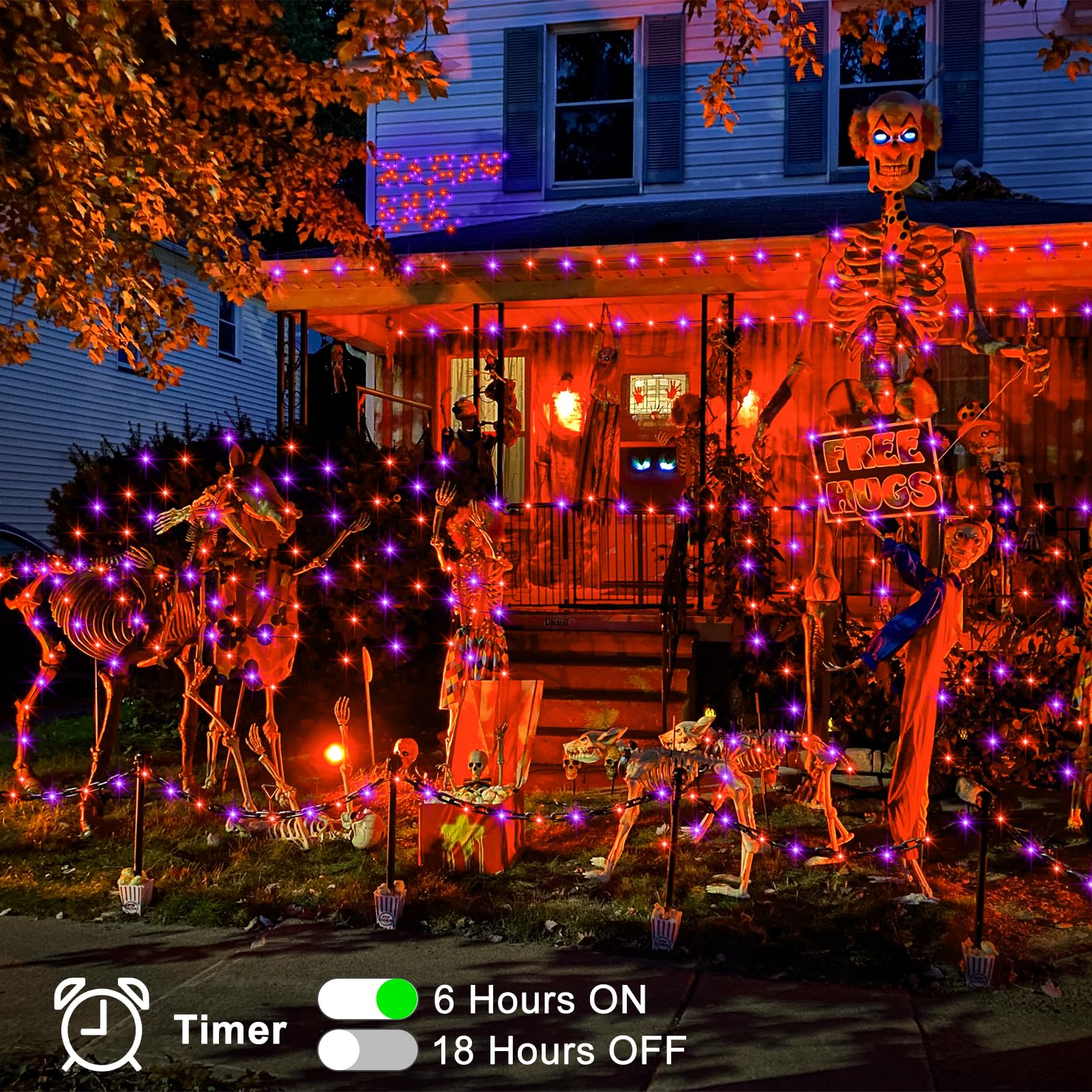ZAIYW Fairy Lights, 50 LED, 16.5Ft, Battery Operated, Remote Control, 8 Modes, Purple Orange - Black Wire, Model DB200, 4 Pack