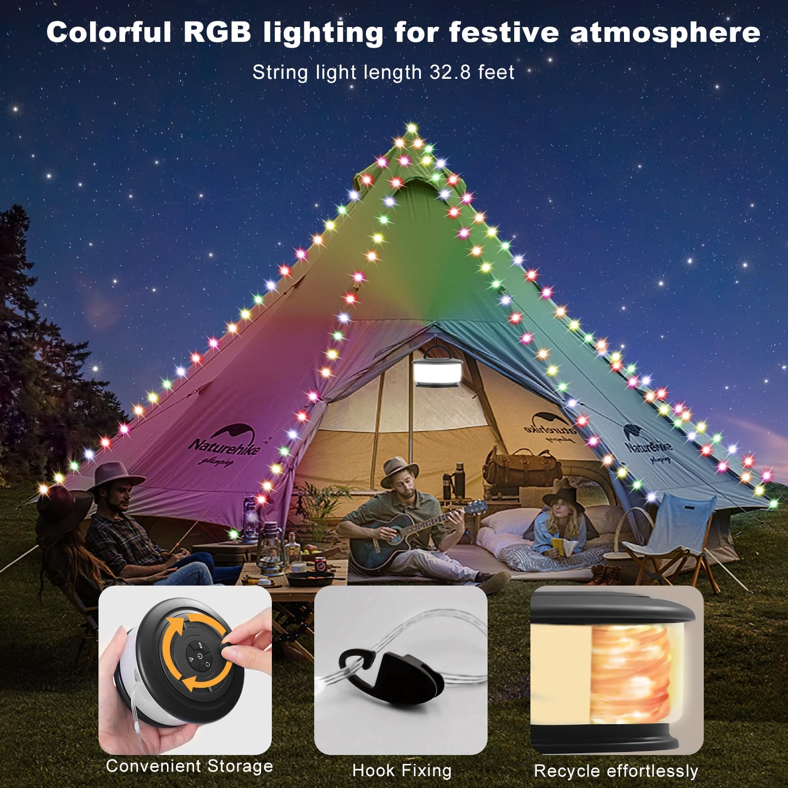 Camping String Lights, Retractable String Lights Camping with 19 Lighting Modes, 32.8 FT Outdoor Rechargeable String Lights, Por