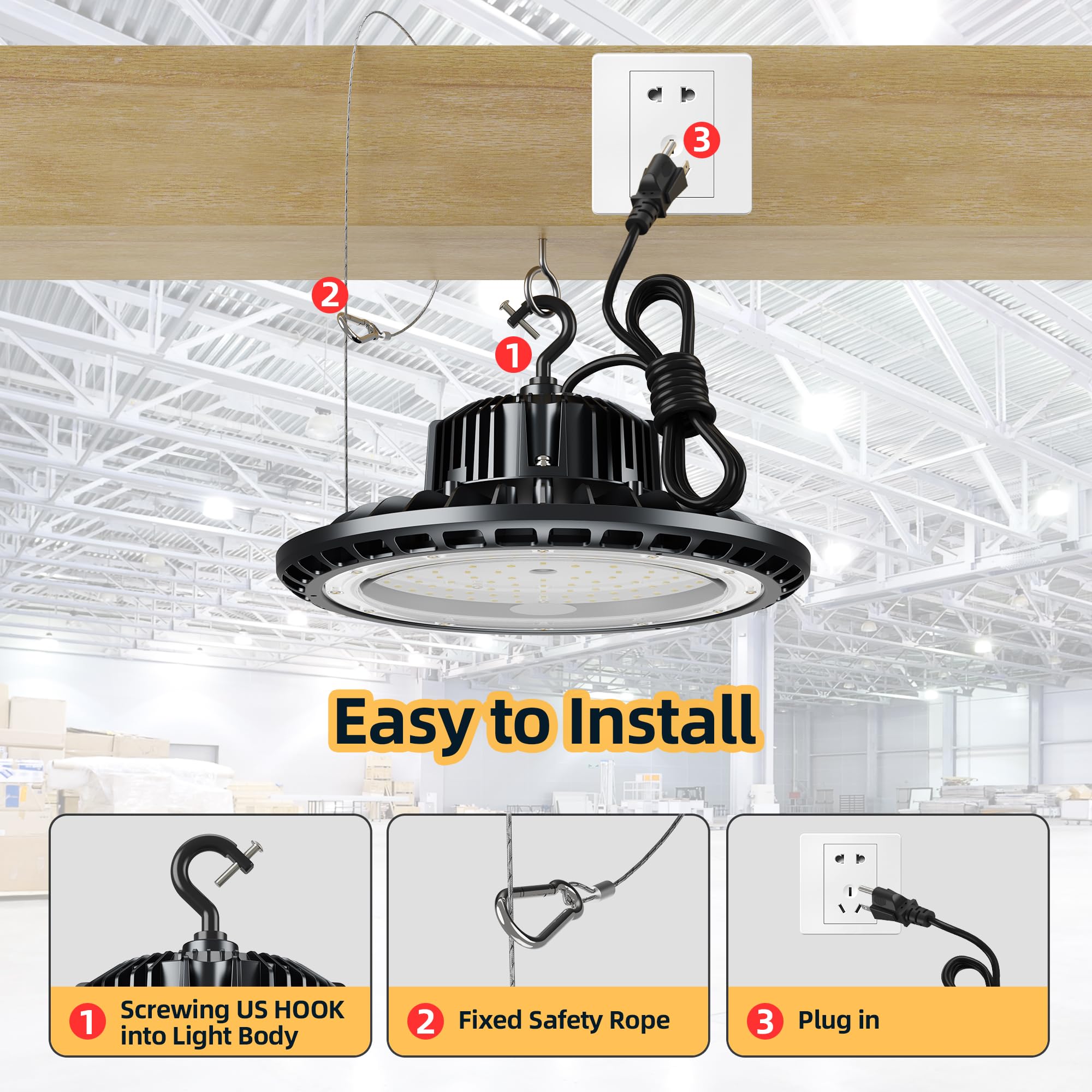 Qiyeka Ufo Led High Bay Light 150W 5000K,21,000Lm,Lamp With Plug, Hanging Hook, Safe Rope, Lighting Fixtures For Warehouse Shop
