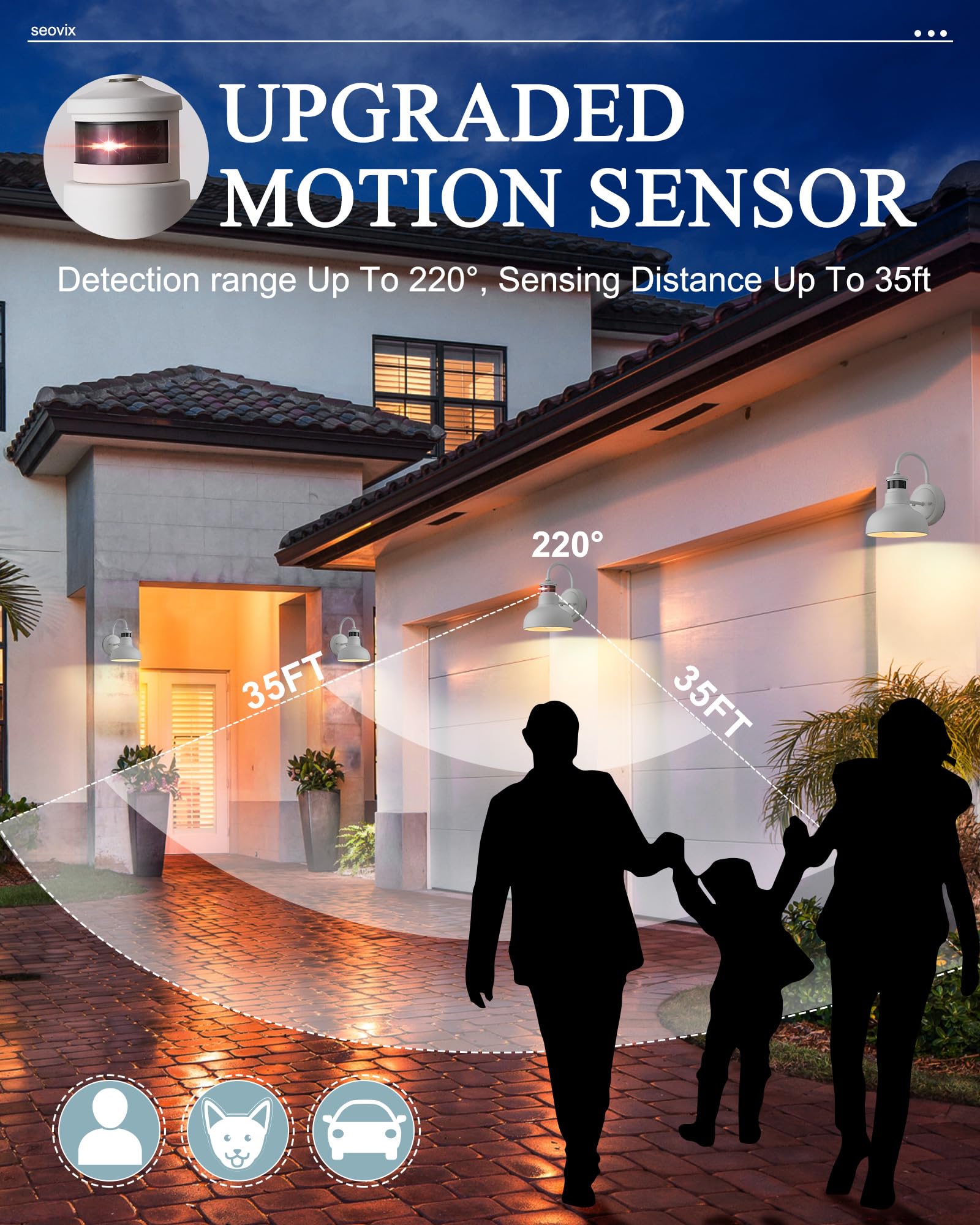 Seovix 2Pack 9&quot; Motion Sensor Outdoor Light Fixture, Dusk To Dawn Outside Front Porch Light With E26 Base Socket, Ip65 Waterproof Exterior Wall Lights For Porch, Garage, Patio, 2210Swh-2