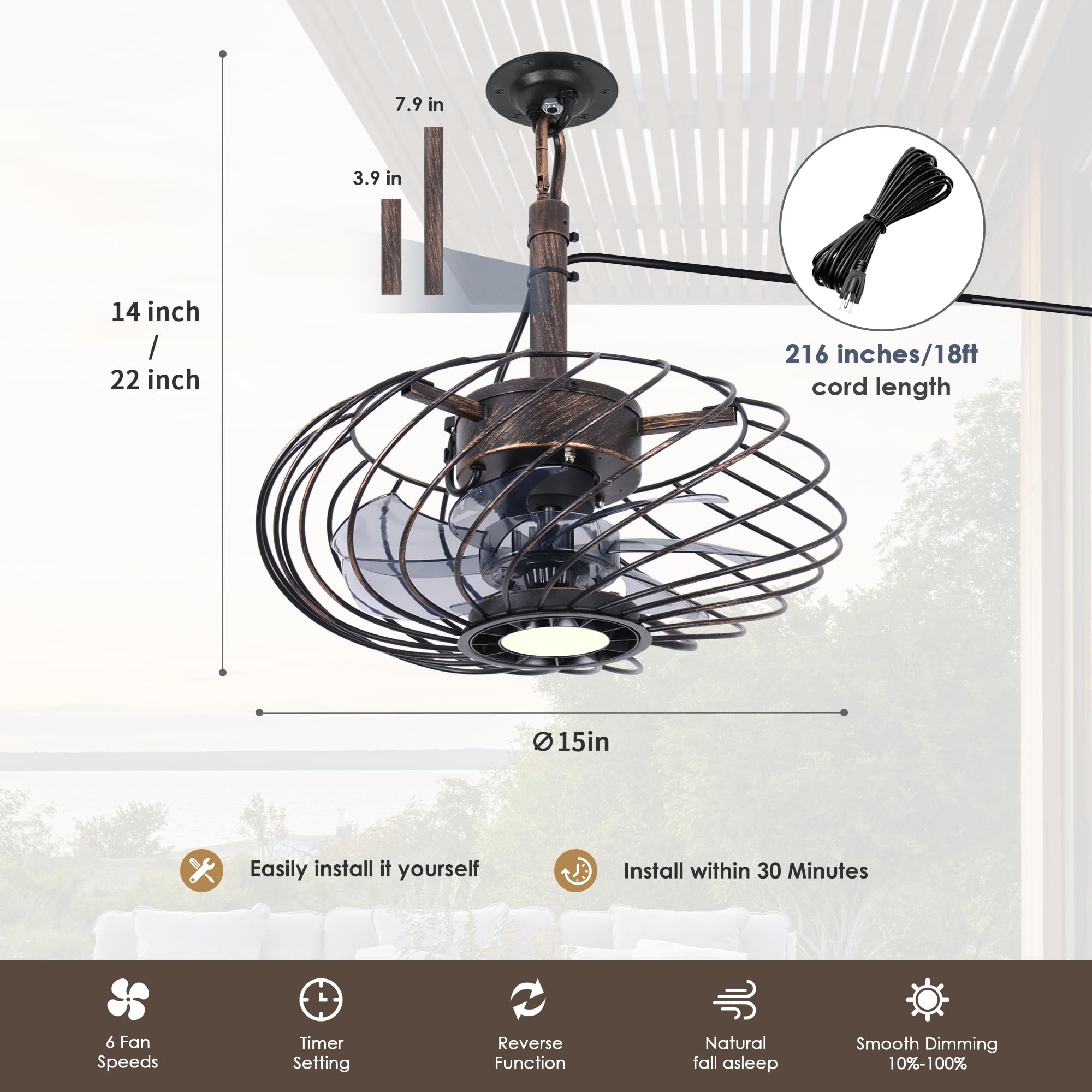 OSGNER 15in Outdoor Ceiling Fan with Light, Waterproof, Remote Control, Dimmable LED, Black Gold, Model F429-SG
