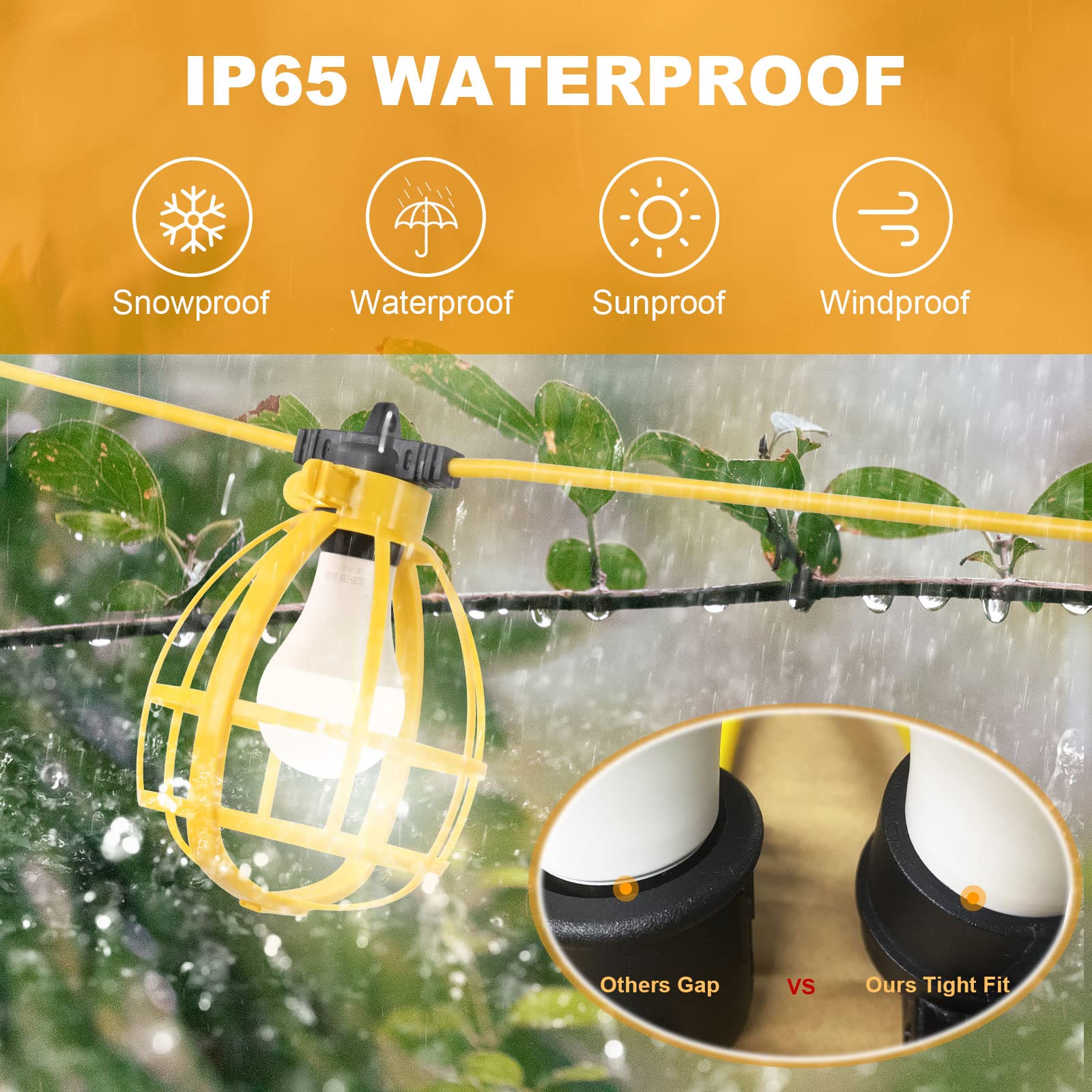 Yaoledly 100FT Construction String Lights - 100W, 11 Bulbs, IP65 Waterproof, 8000LM, 6500K for Indoor/Outdoor Job Sites, Yellow