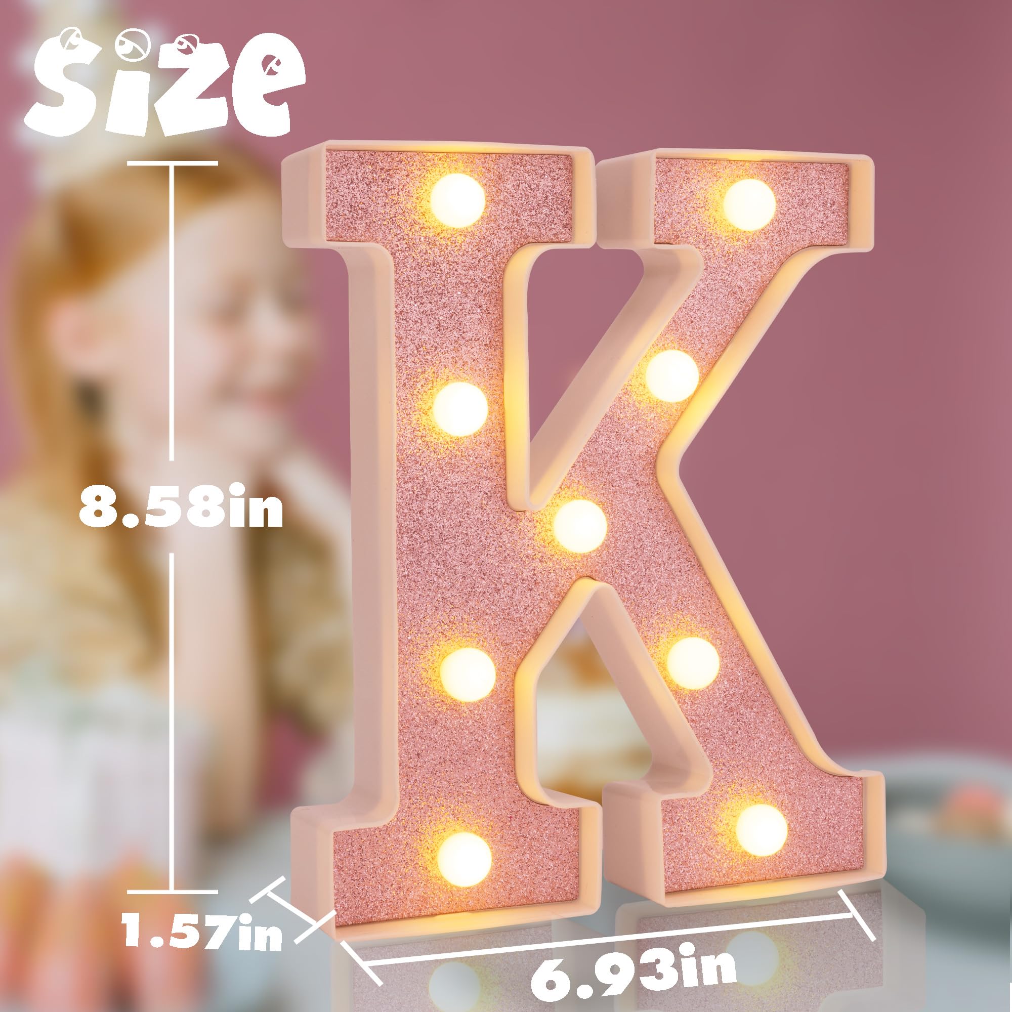 DyingSwan Small LED Marquee Letter K, 8.58in Lighted Sign, Pink Glitter, Battery-Powered Plastic Decor for Parties and Events