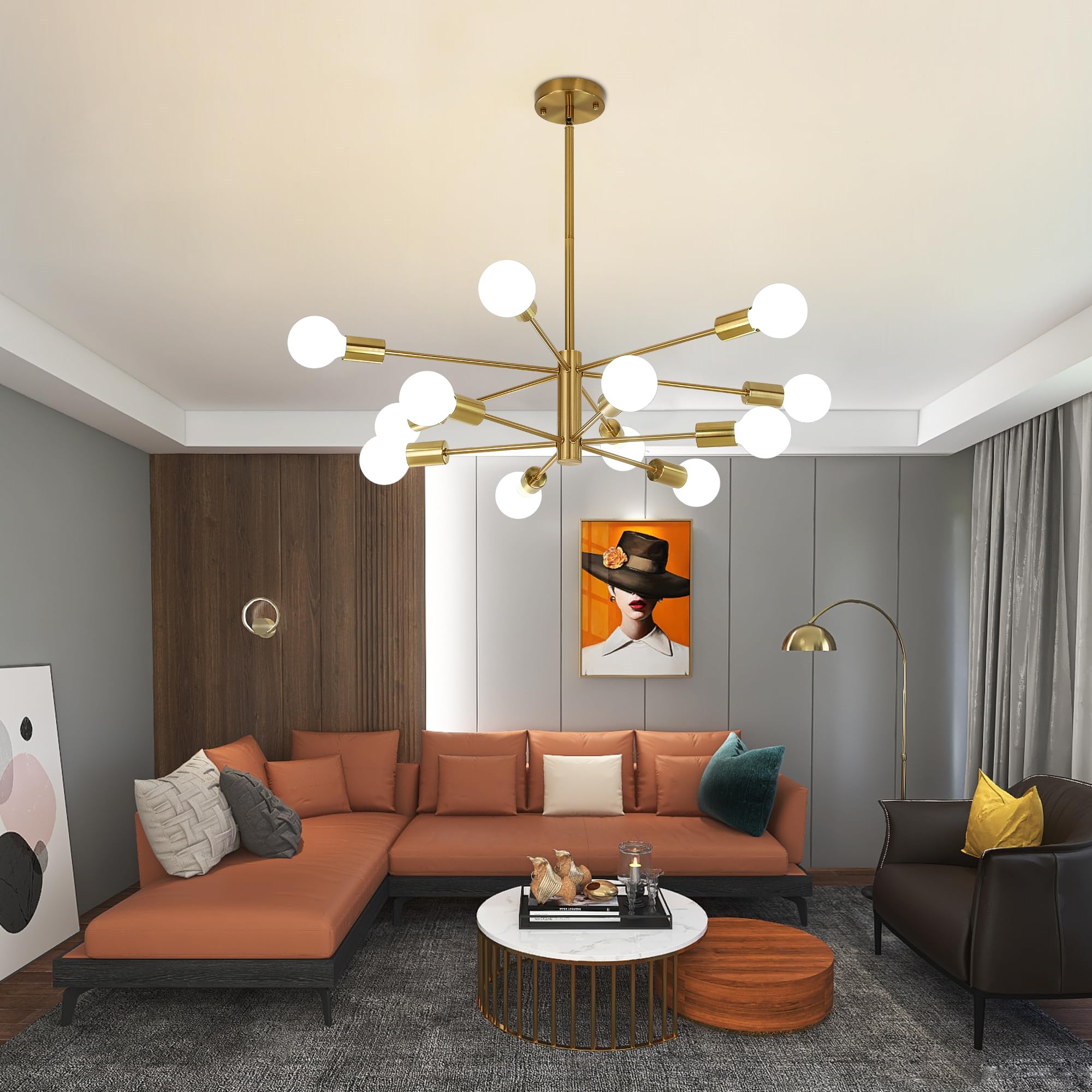 Humhold 12-Light Modern Sputnik Chandelier, Mid Century Gold Ceiling Chandeliers, E26 Base, Branch Height Adjustable Pendant Lighting Fixture For Kitchen Island Dining Room Living Room Bedroom