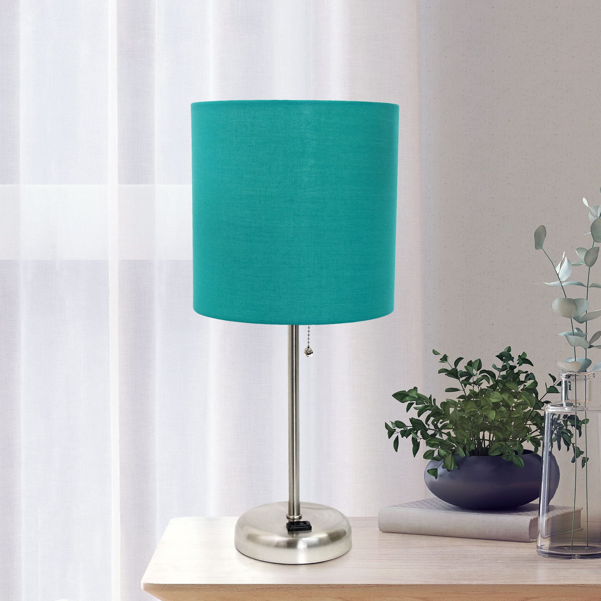 Creekwood Home 19.5&quot; Metal Table Lamp With Teal Shade & Power Outlet In Brushed Steel