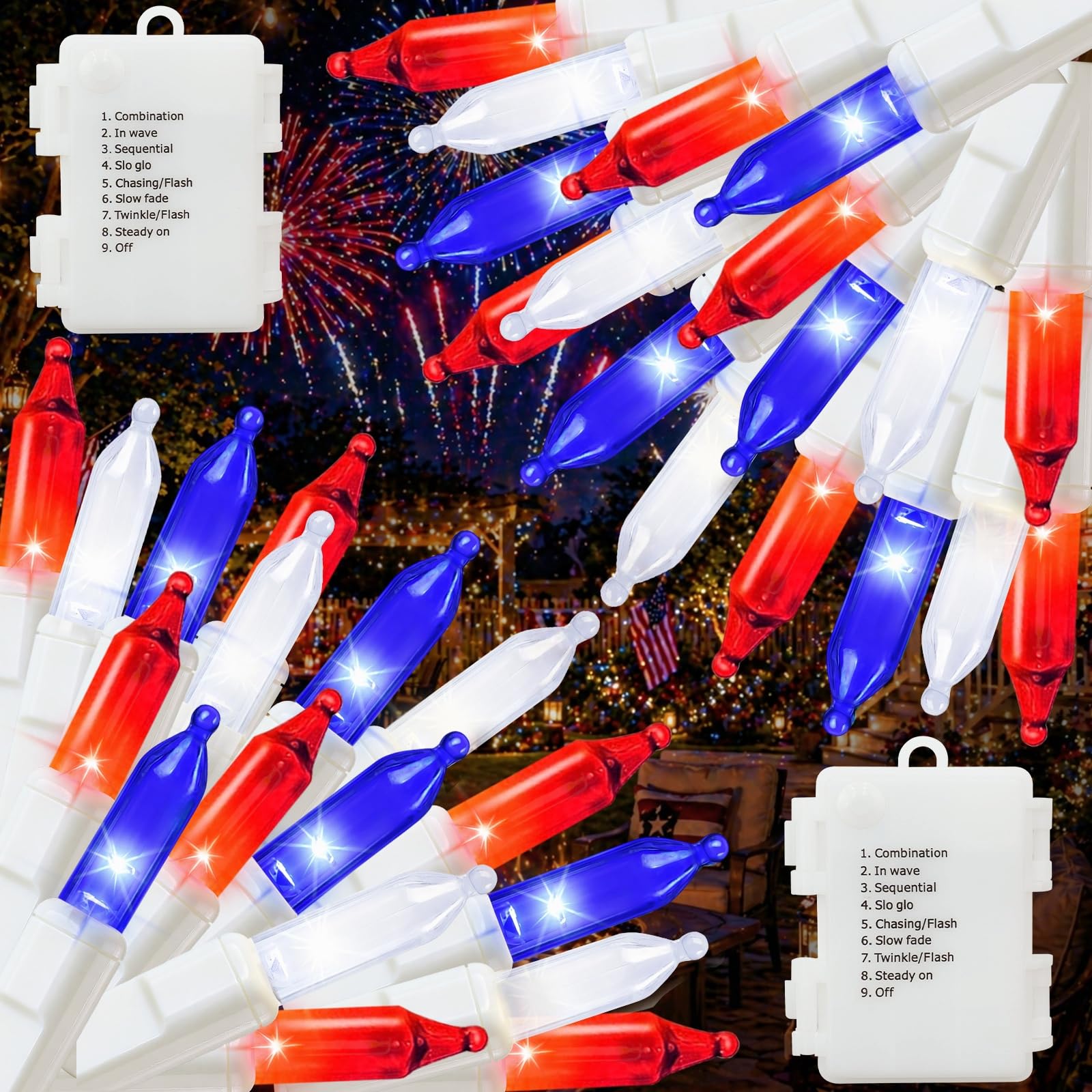 Govetom 100 LED 2 Pack Red White and Blue Lights Battery Operated 38.4FT, 4th of July Lights 8 Modes-Timer Indoor Outdoor Party 