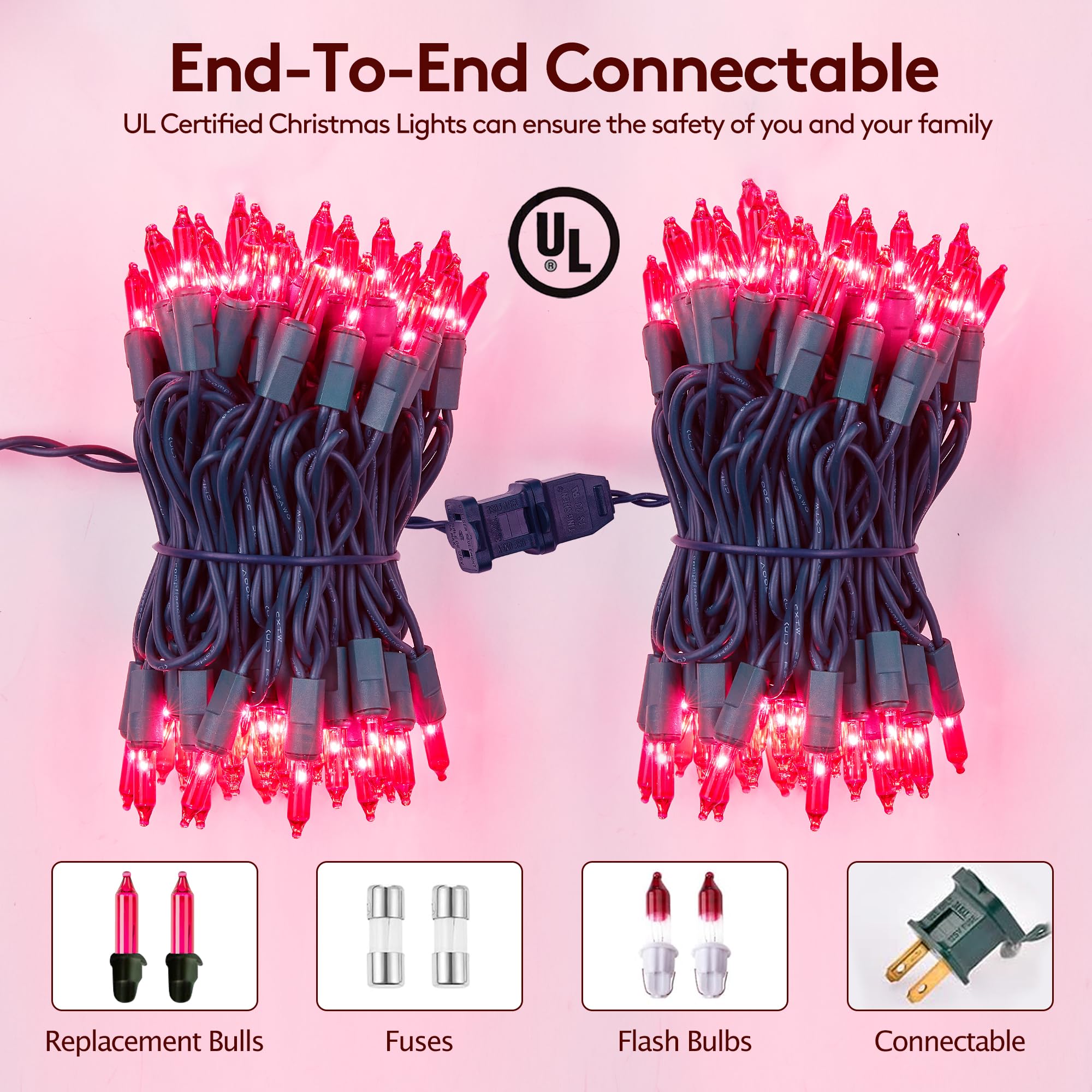 Christmas Lights Indoor Outdoor 100 Count Incandescent Lights Ul Certified Connectable Christmas Tree Lights With Green Wires For Xmas, Wedding, Holiday, Party, Home, Valentines Day Decoration(Pink)