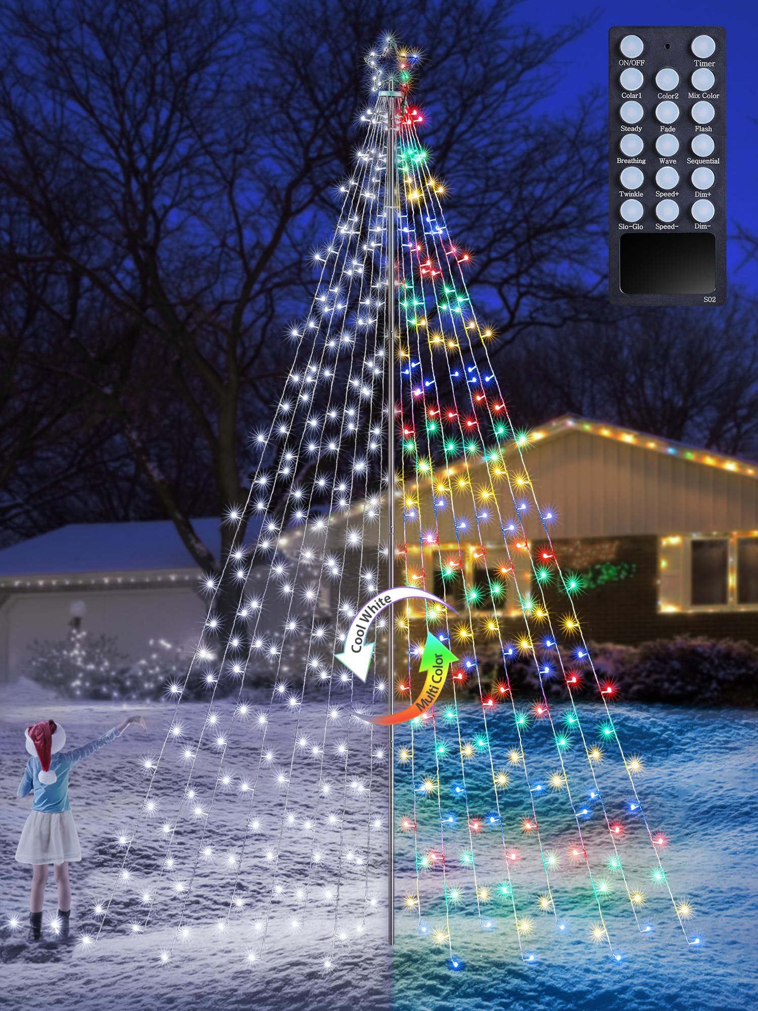 Lomotech Color Changing Christmas Tree Lights 16Ft 664 LED Waterproof Iron Pole Remote Control White to Multicolor SSL0664-C-D-29V