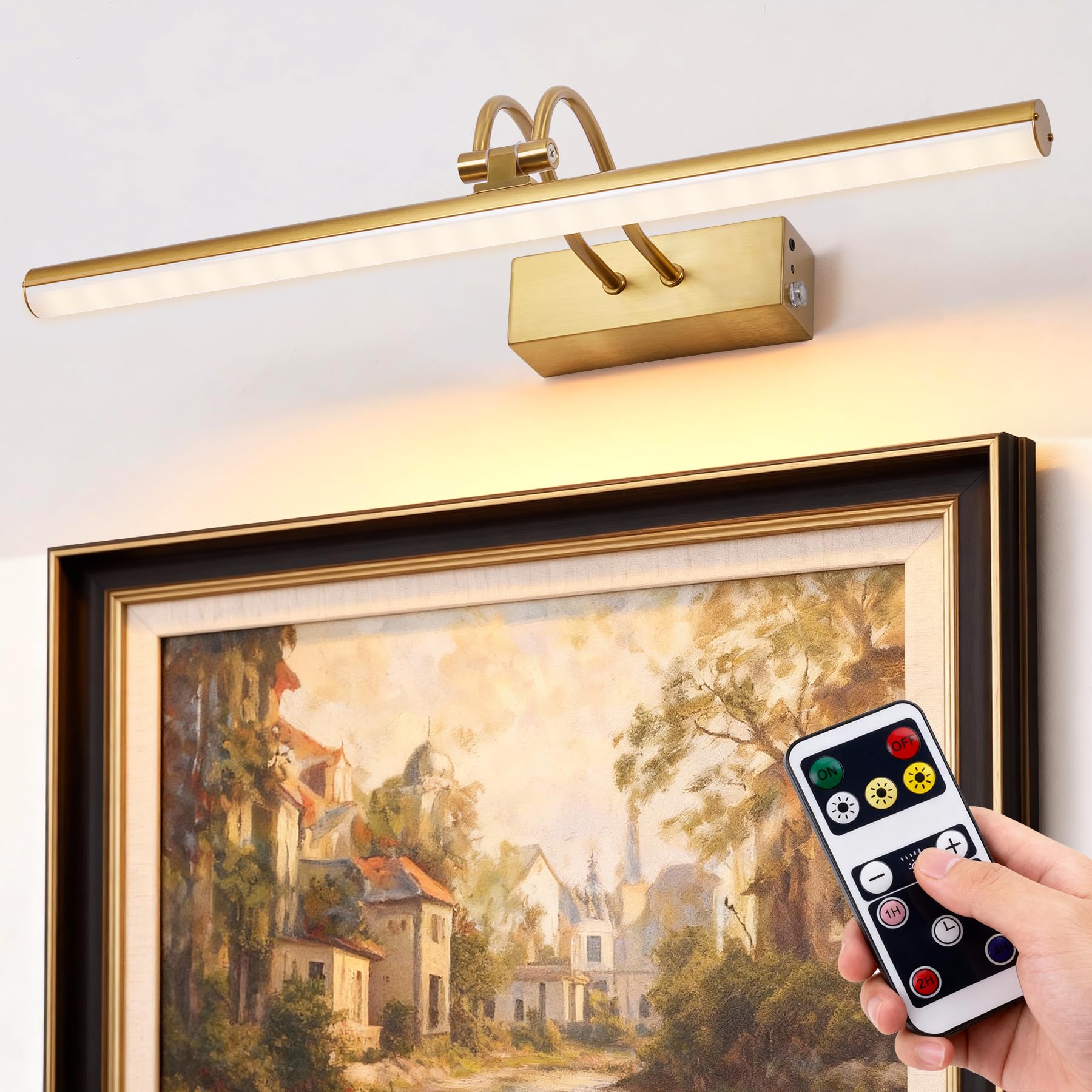 RAIFOOLLY Picture Light, 16in Wireless Wall Lighting, Dimmable Remote Art Light, Brass, Model RF00181