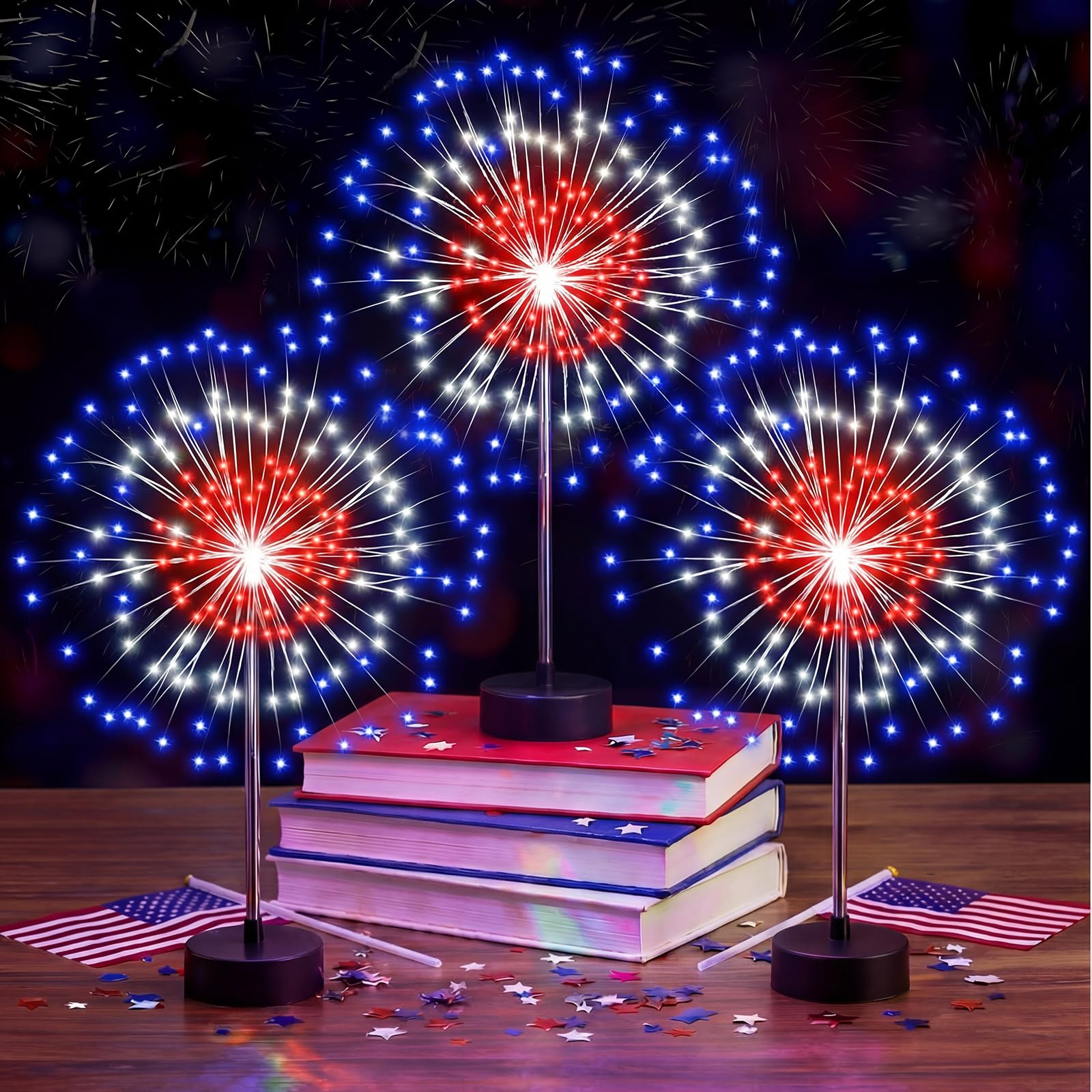 Tujoe 3 Pack 4th of July Patriotic Firework and Flower Centerpiece Lights 120 LED Red White Blue Banquet 250th Anniversary LED F
