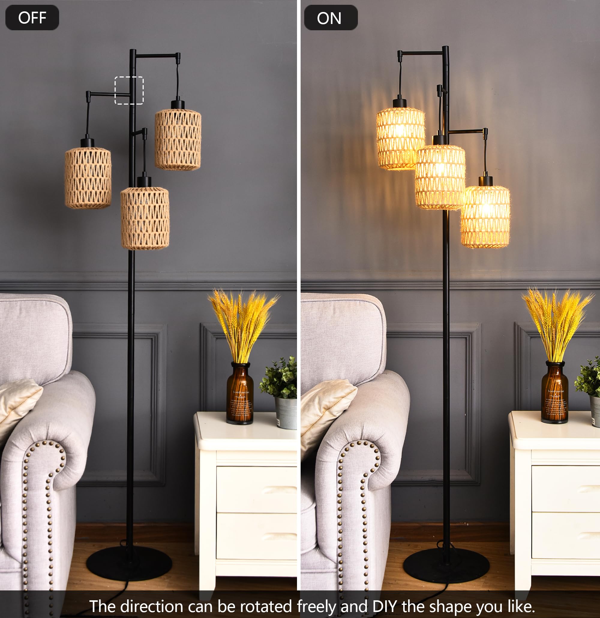QIYIZM Floor Lamp - 3-Lights Boho Rattan Tree Lamp, Industrial Black, Rustic Woven Bamboo Shade, Ideal for Living Room and Bedroom