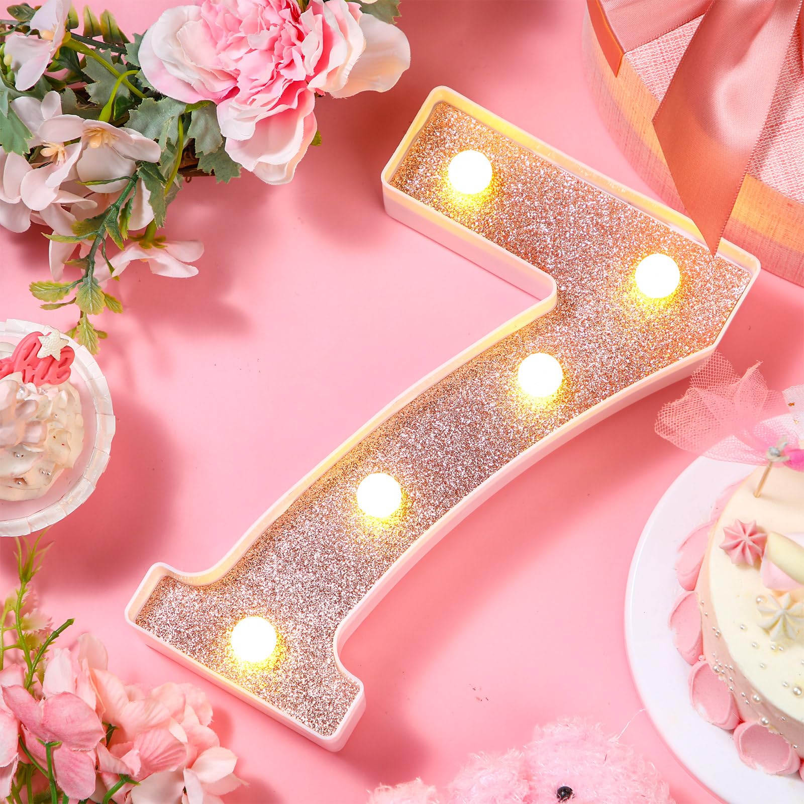 Treela 8.7 Birthday Decorative Led Light Up Numbers  Glitter Marquee Number Sign For Night Birthday Party Decorations Anniversary Bar Led Sign Backdrop Wall Table Centerpieces(Number 7 Rose Gold)