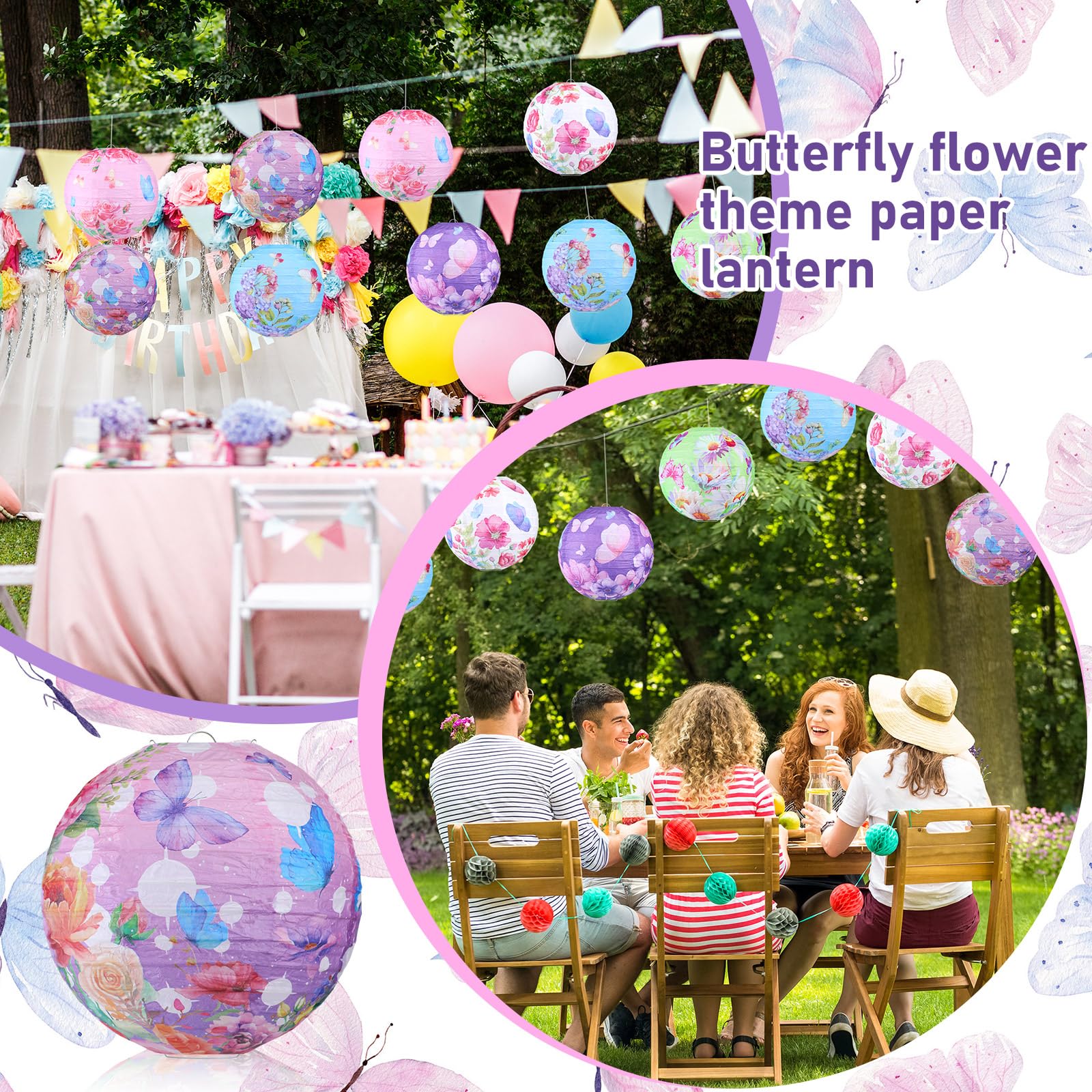 Panelee 12 Pcs Butterfly Floral Paper Lanterns Party Decorations 8 Inches Hanging Round Pink Purple Flower Paper Lanterns For Su
