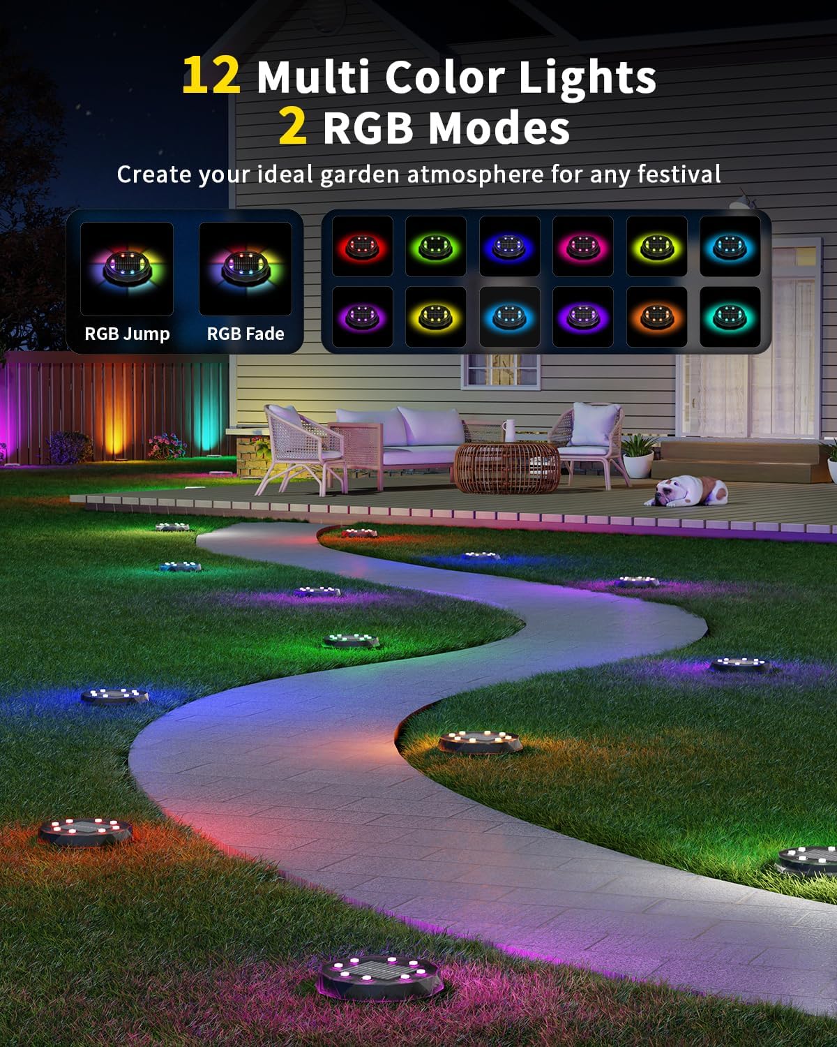 Solar Ground Lights with Remote Control 50ft,IP67 Waterproof Solar Garden 15 Multi Color Lights,RGBYW Solar Powered Outdoor Land