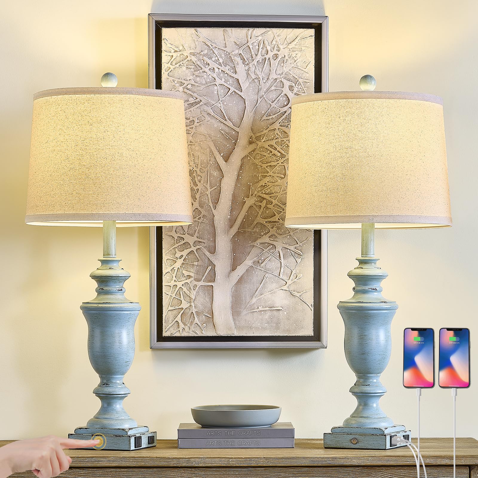 SAIWEYA 27.5in Farmhouse Table Lamps Set of 2, 3 Way Dimmable, Resin, Antique Blue, Model TM-T04, USB & AC Outlet