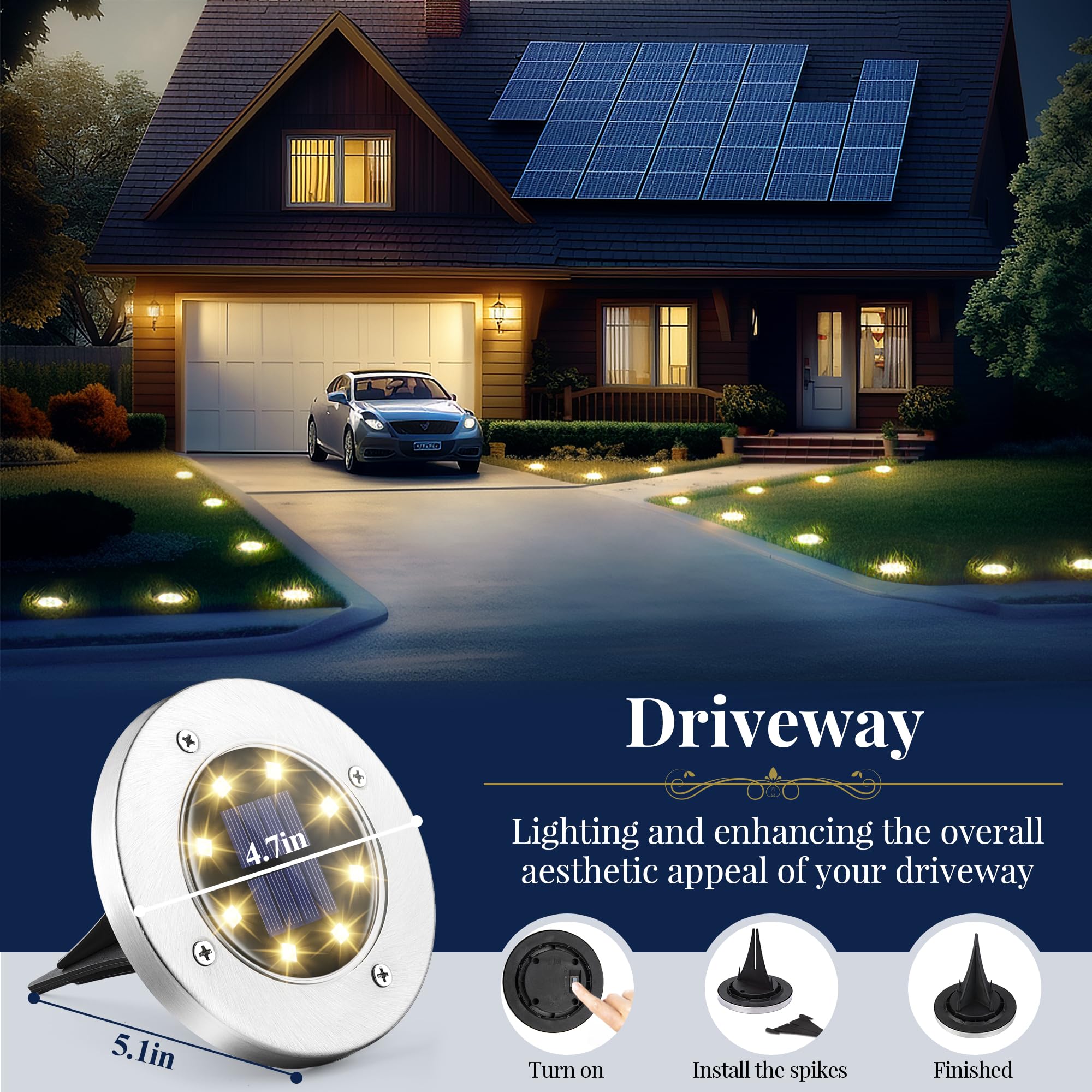 SOLPEX Solar Ground Lights, 12 Pack, 8 LED, Waterproof, Stainless Steel, Warm White, Model 8587