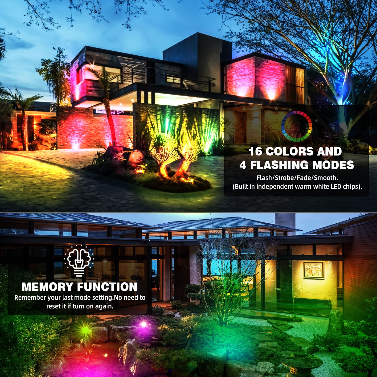ALEDECO RGB+W Low Voltage Landscape Lights, 5W LED Spotlights, 16 Color Options, Waterproof, 8 Pack, Multicolor