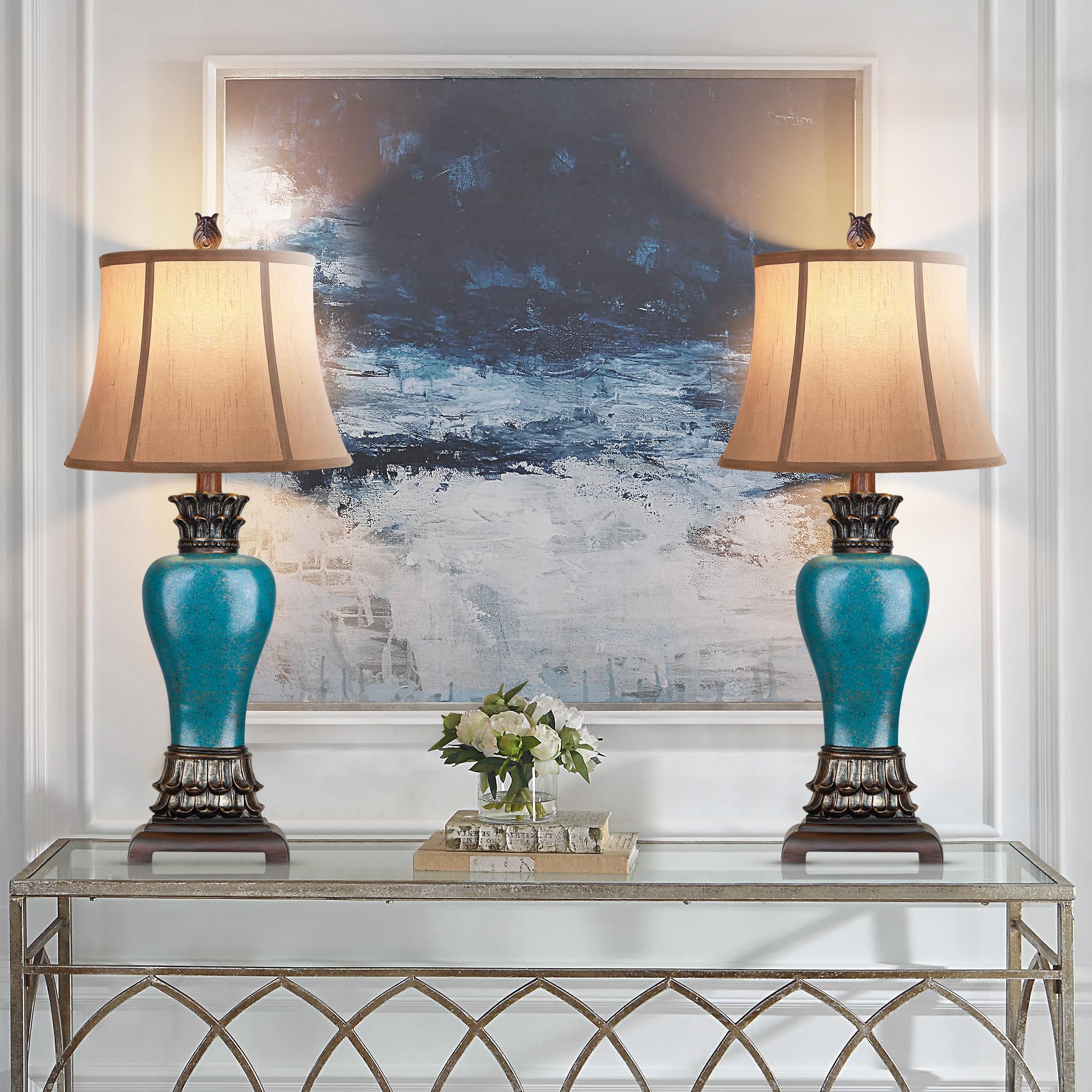 Hamucd 29'' Set Of 2 Farmhouse Rustic Table Lamps For Living Room,3-Color Temperature Dimmable Blue Southwest Bedroom Lamps For