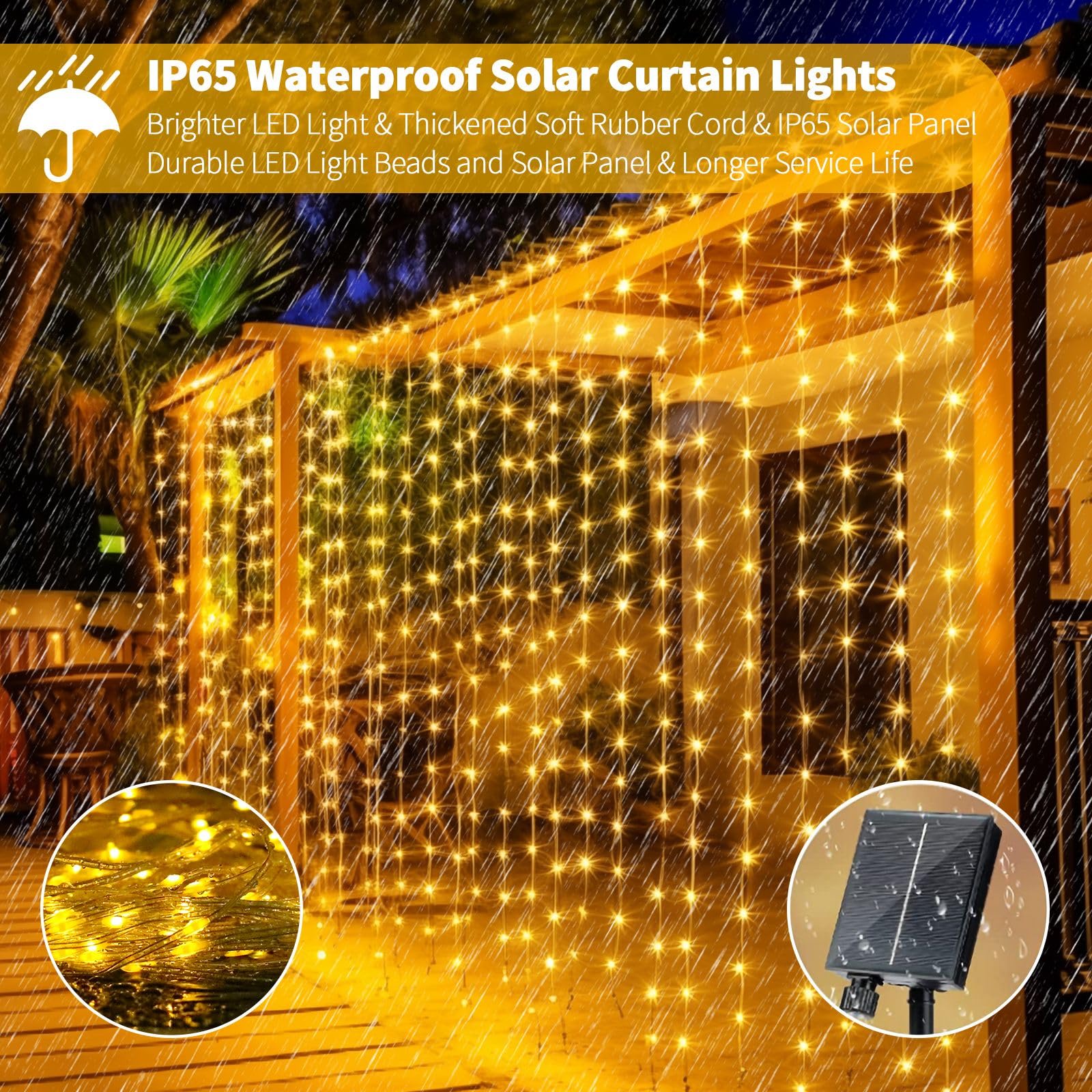 RCNDJE 300LED Solar Curtain Lights, 10Ft x 10Ft, Warm White, Waterproof, Remote Control, 8 Modes, Copper Material