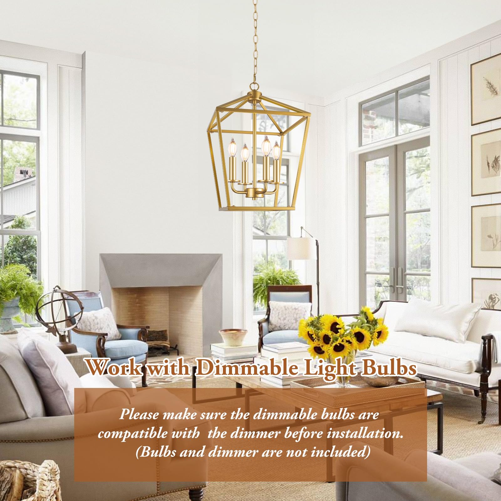BrightHome Farmhouse Chandelier 4-Light Gold Metal Pendant Light Fixture for Kitchen Island, Adjustable Height, Model D3561.4GD