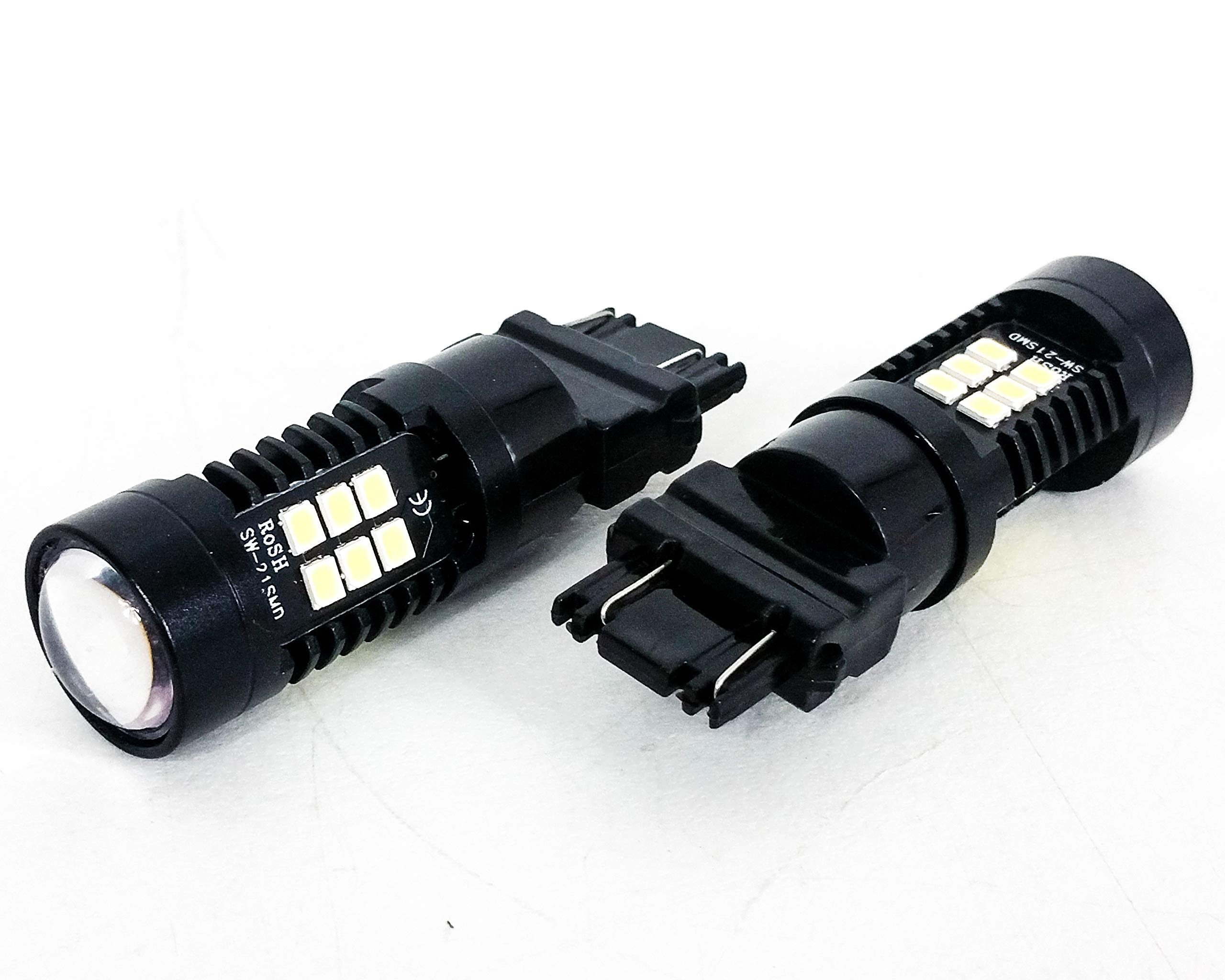 (W) Pack Of 2 White 3157 Led Light Bulb  3-Sided Dual Intensity 21Smd Projector Lens Running  Tail Brake Light 12V