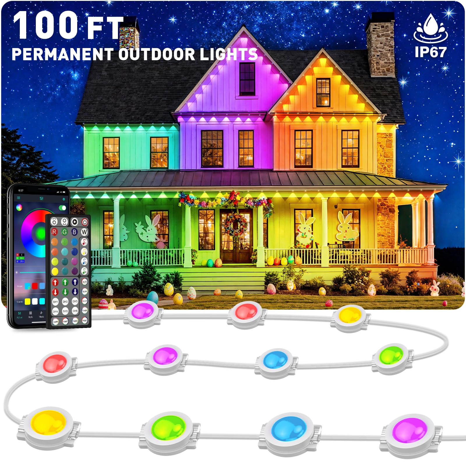 Inzidol 100Ft Permanent Outdoor Lights  Ip67 Waterproof For House Roof  Christmas  Holiday  Party  Daily Lighting  Smart Rgb Outdoor Lights With Remote App Control & Diy Scenes