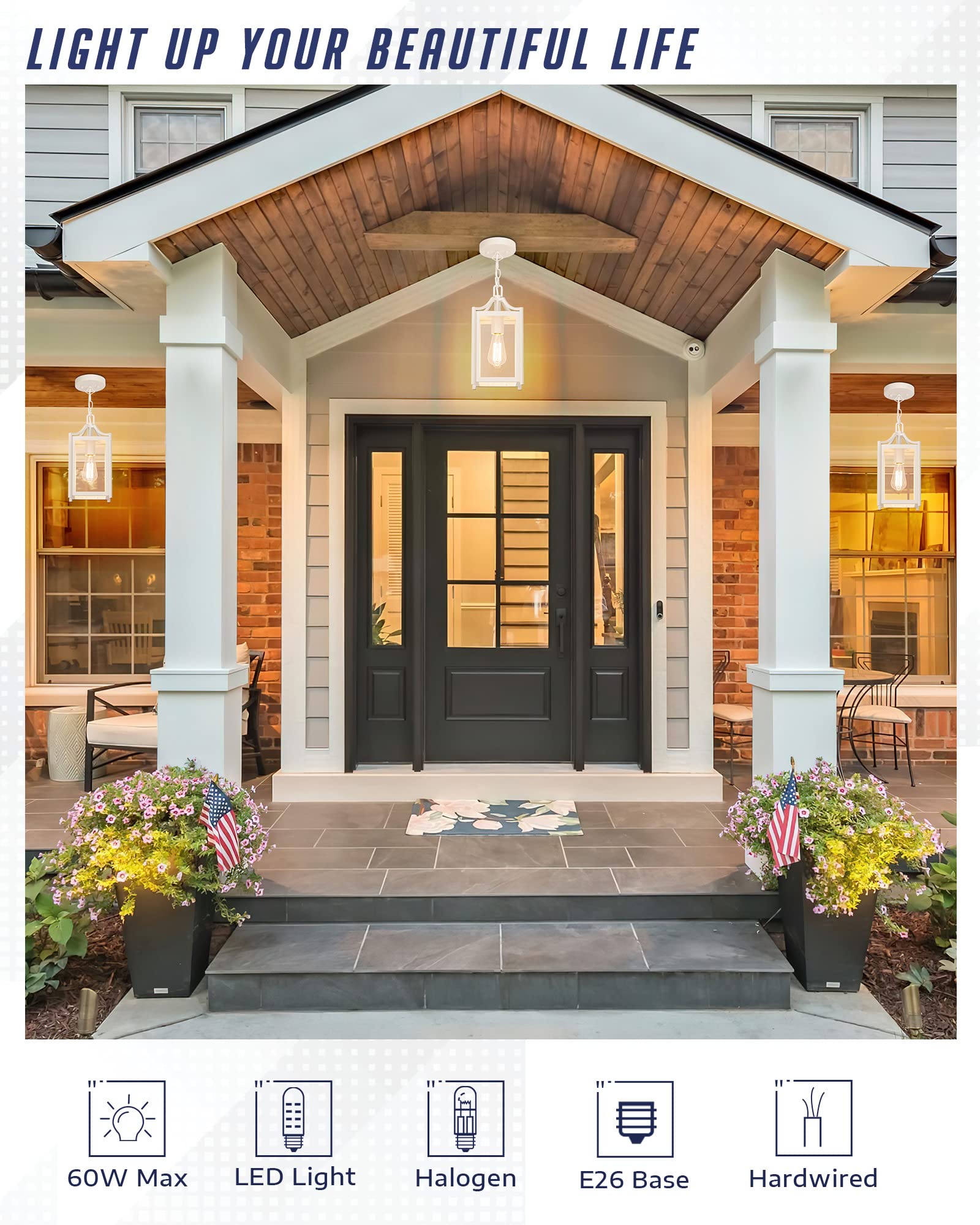 Osimir Outdoor Pendant Light, 14&quot; Modern Hanging Light, White Finish, Adjustable Chain, Clear Glass