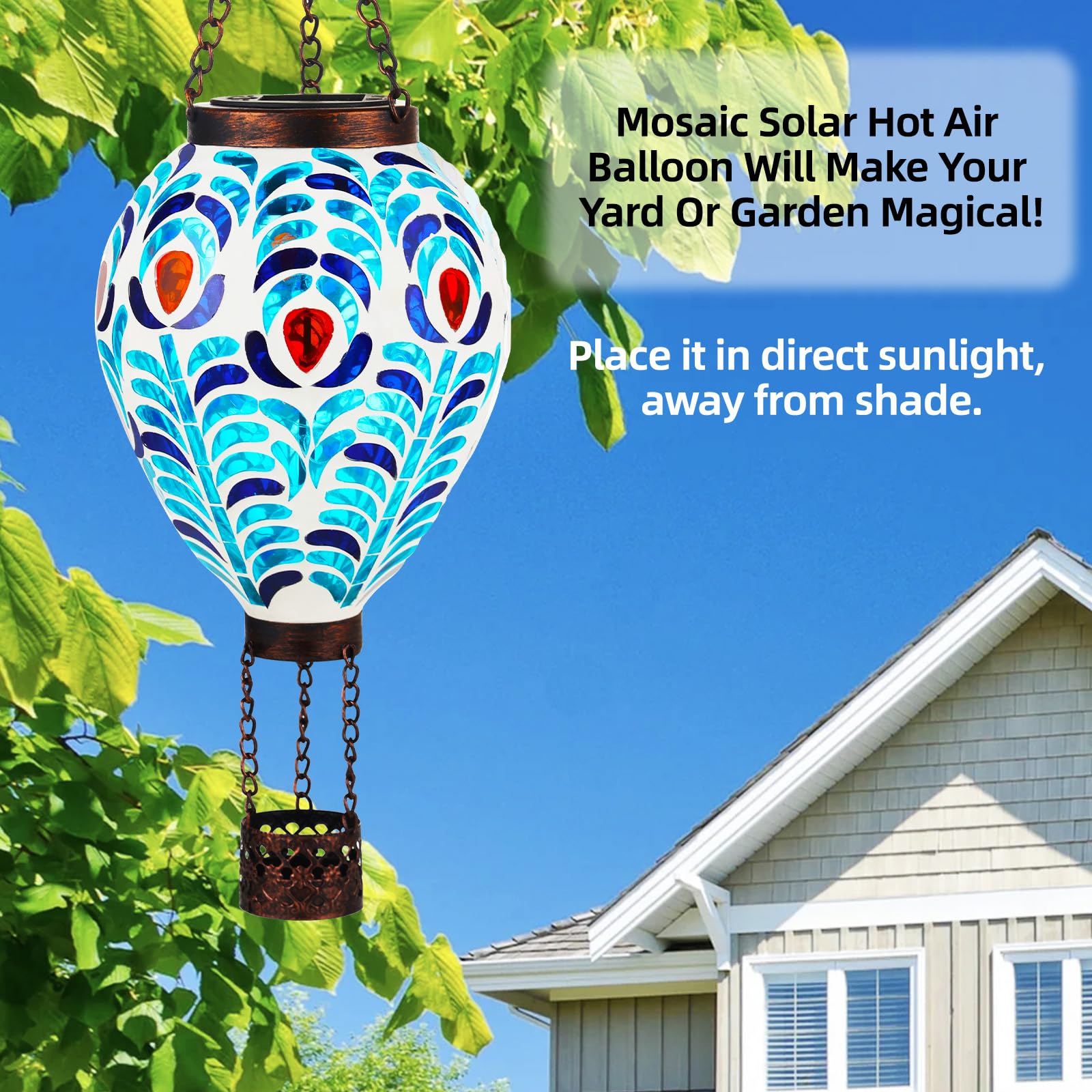 VOREEN Hot Air Balloon Solar Lantern, Handmade Glass, Peacock Feather Design, Waterproof Outdoor Hanging Light, Model FYG24106