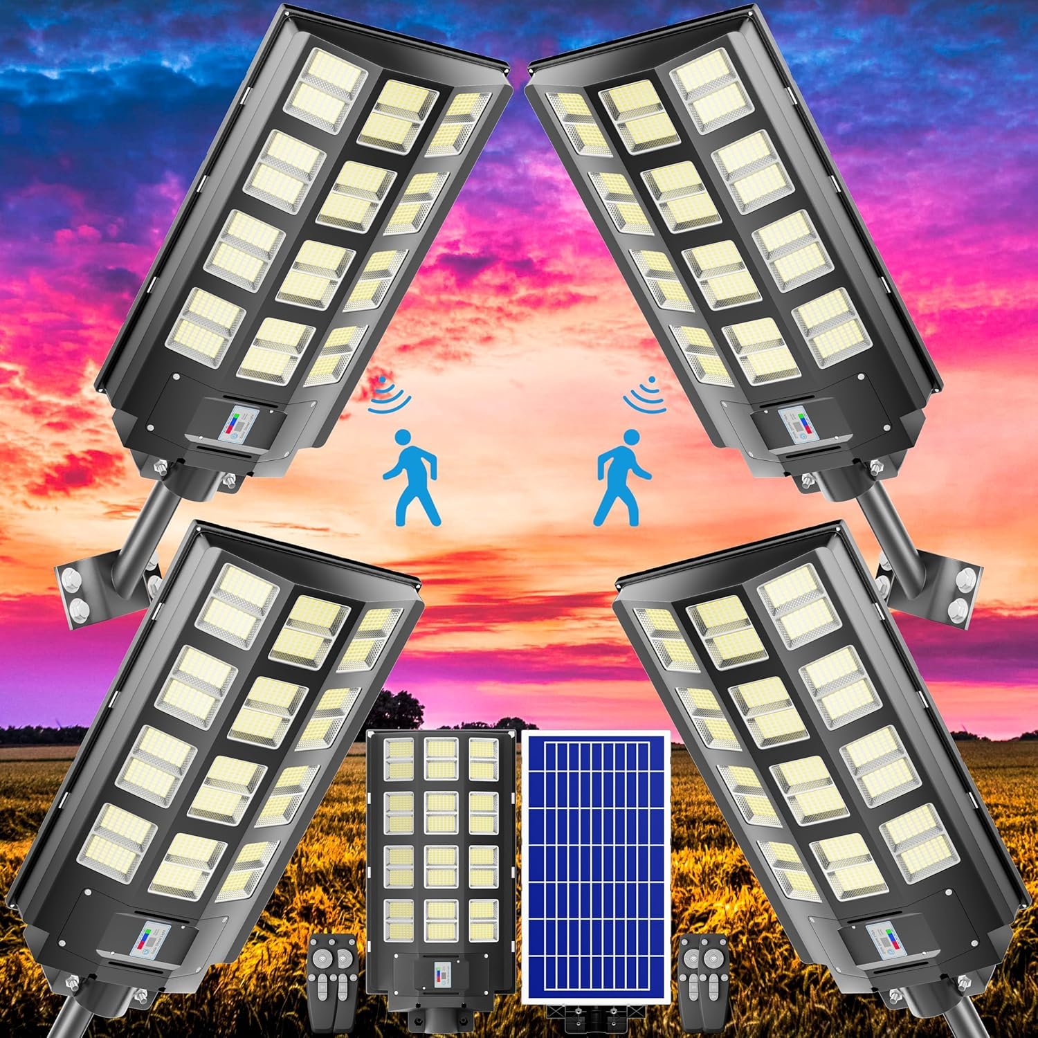 Vzyhik Solar Street Light 8000W 240000LM Wide Angle Waterproof IP67 4 Pack with Remote Control & Motion Sensor
