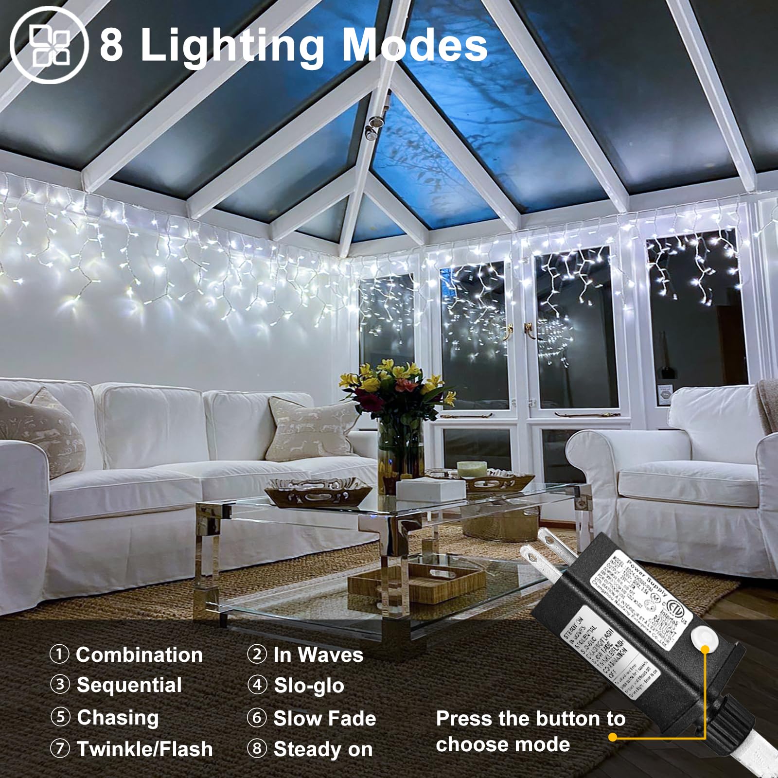 Nielfoi Christmas Icicle Lights - 99ft 1216 LED, Waterproof, 8 Modes, Cool White, Model BG-CL3M3-306L01