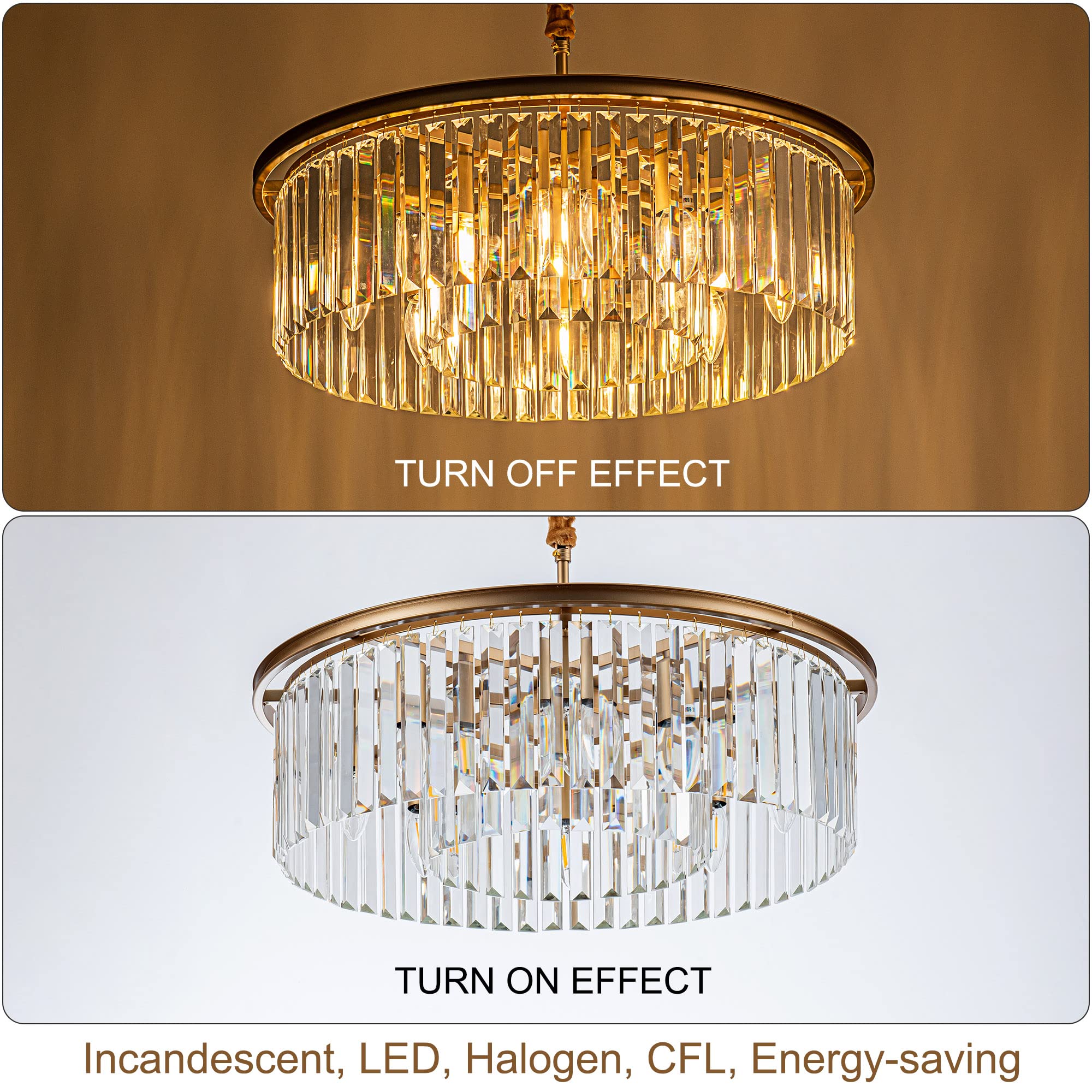 Faibra 23" Gold Crystal Chandelier 8-Light Modern Crystal Pendant Ceiling Light 2-Rings Luxury Chandeliers,For Dining Room Kitchen Island Living Room Bedroom