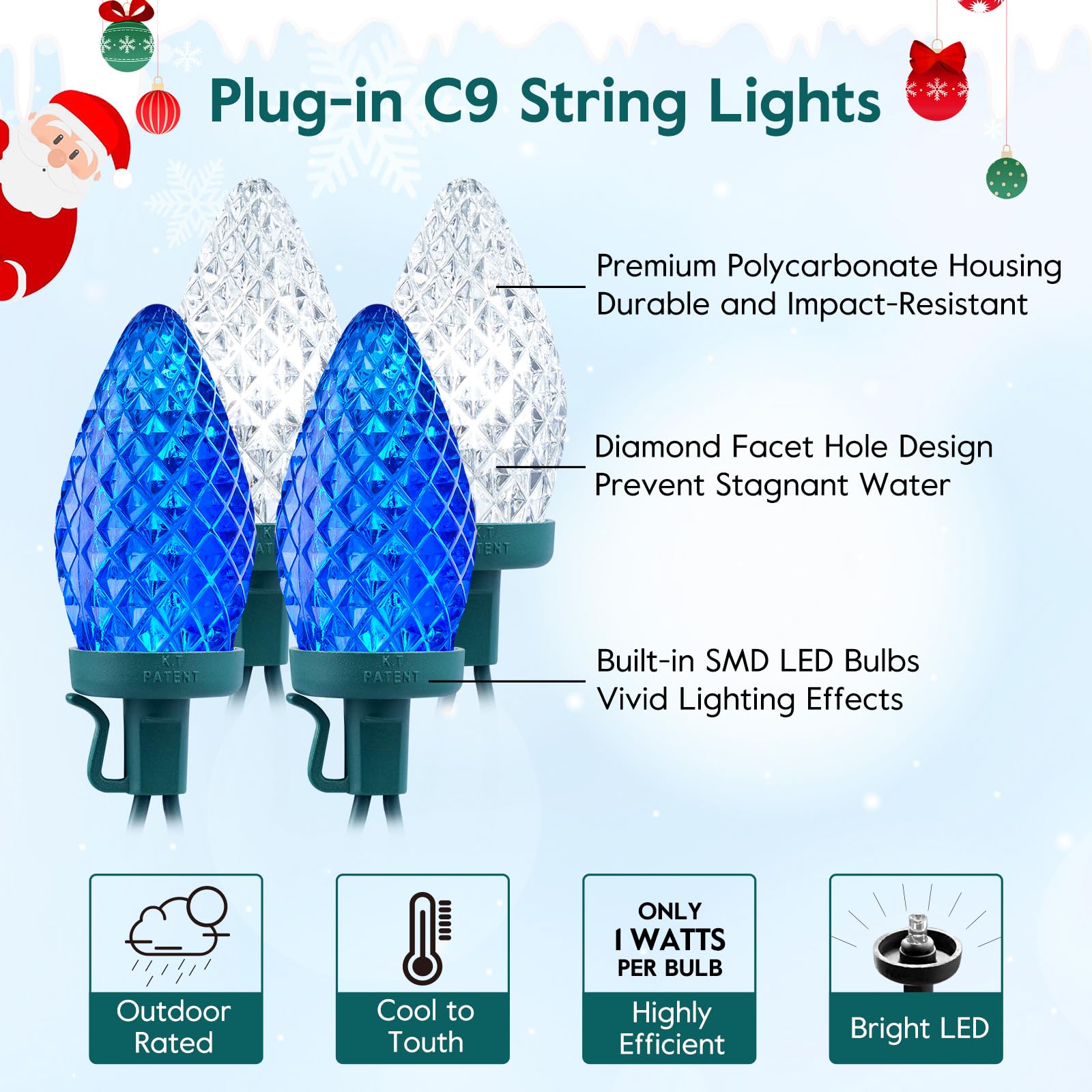 Brightown C9 LED String Lights, 66 ft, 100 Waterproof Bulbs, Blue and White, Commercial Grade for Outdoor Xmas Decoration