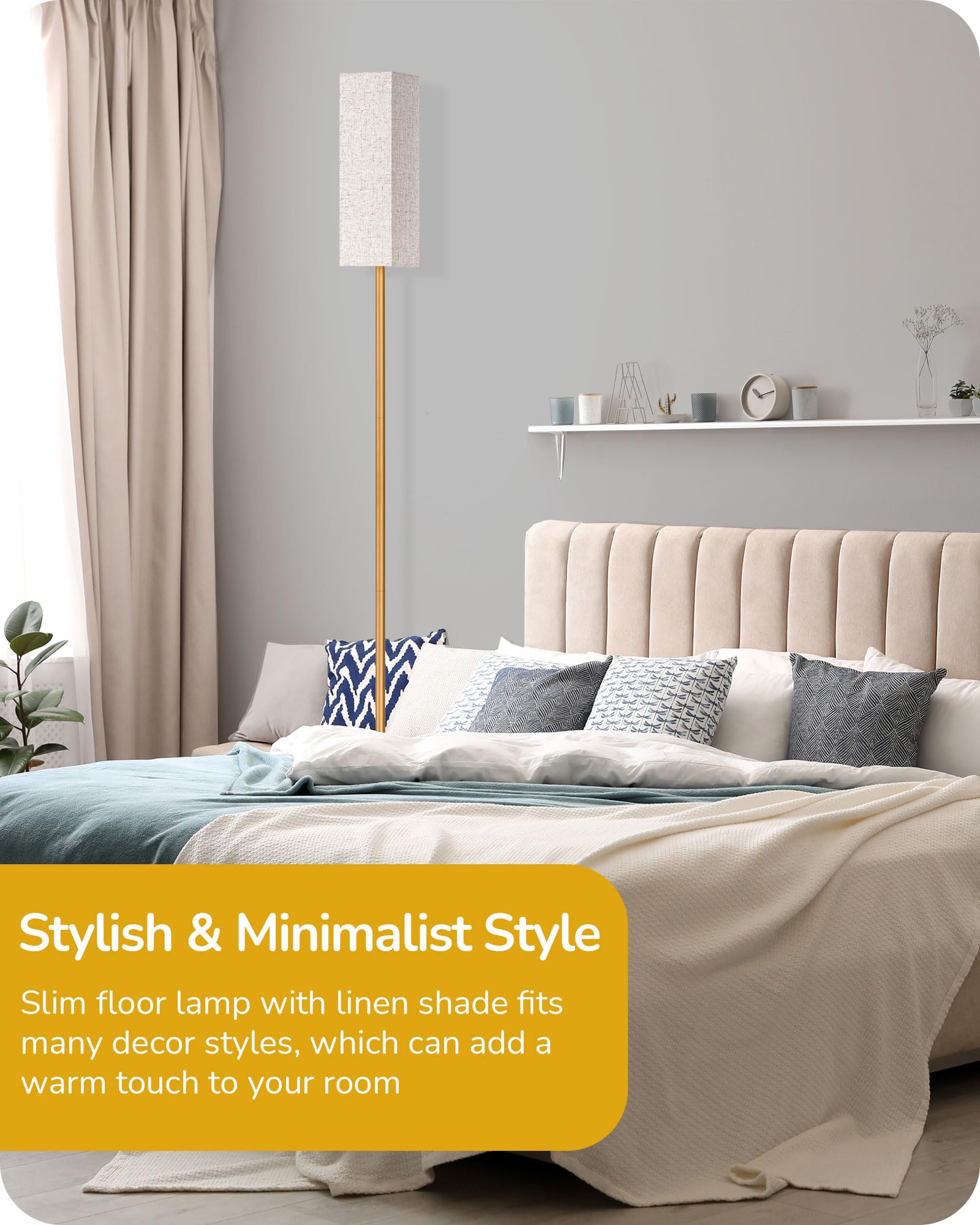 EDISHINE Modern Corner Floor Lamp, 65in Tall, Stepless Dimmable, Gold, Model HFLCB1A, Includes 9W LED Bulb