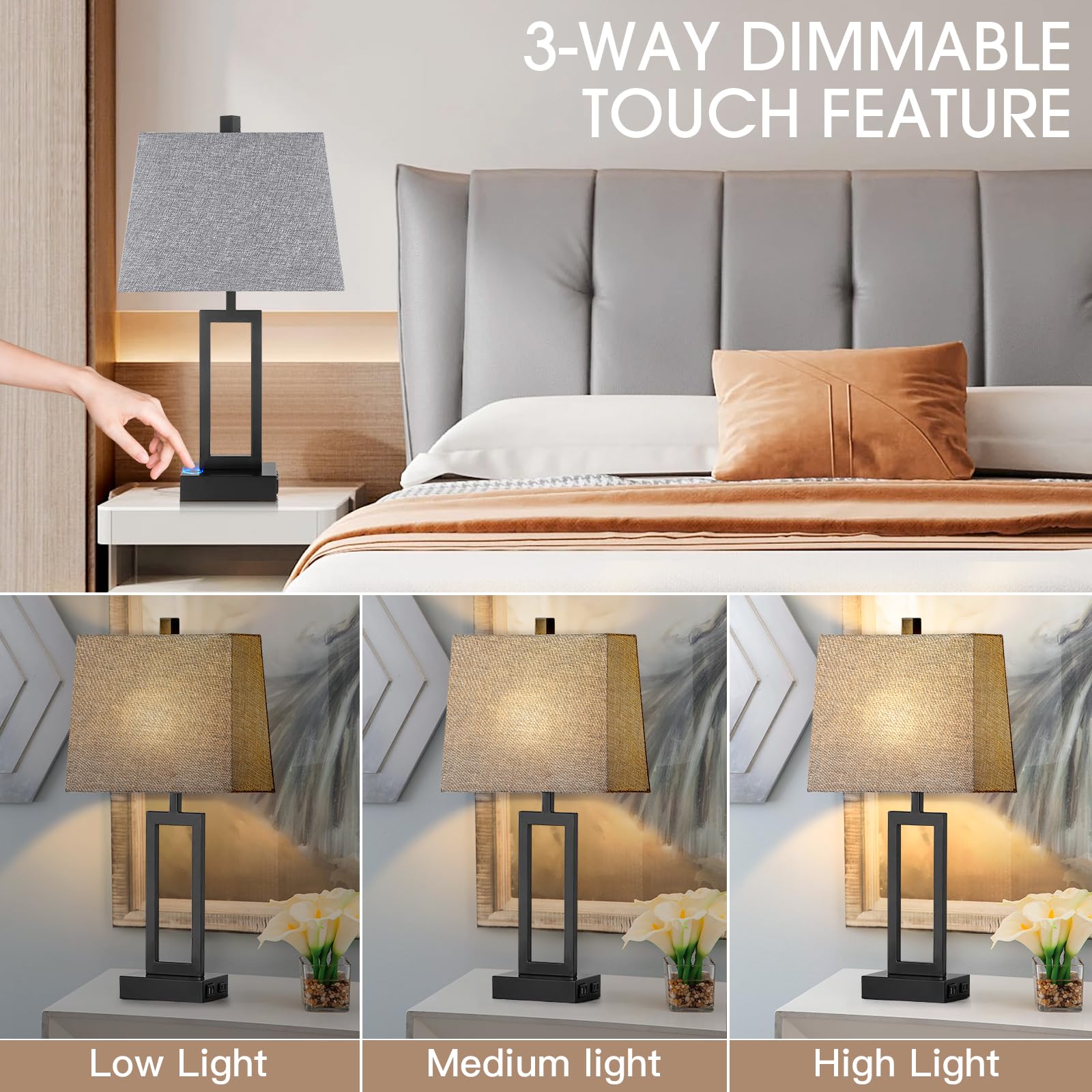 Rinweey Touch Control Table Lamps Set of 2, 3-Way Dimmable, USB Ports & AC Outlet, Gray, Large, LED Bulb Included