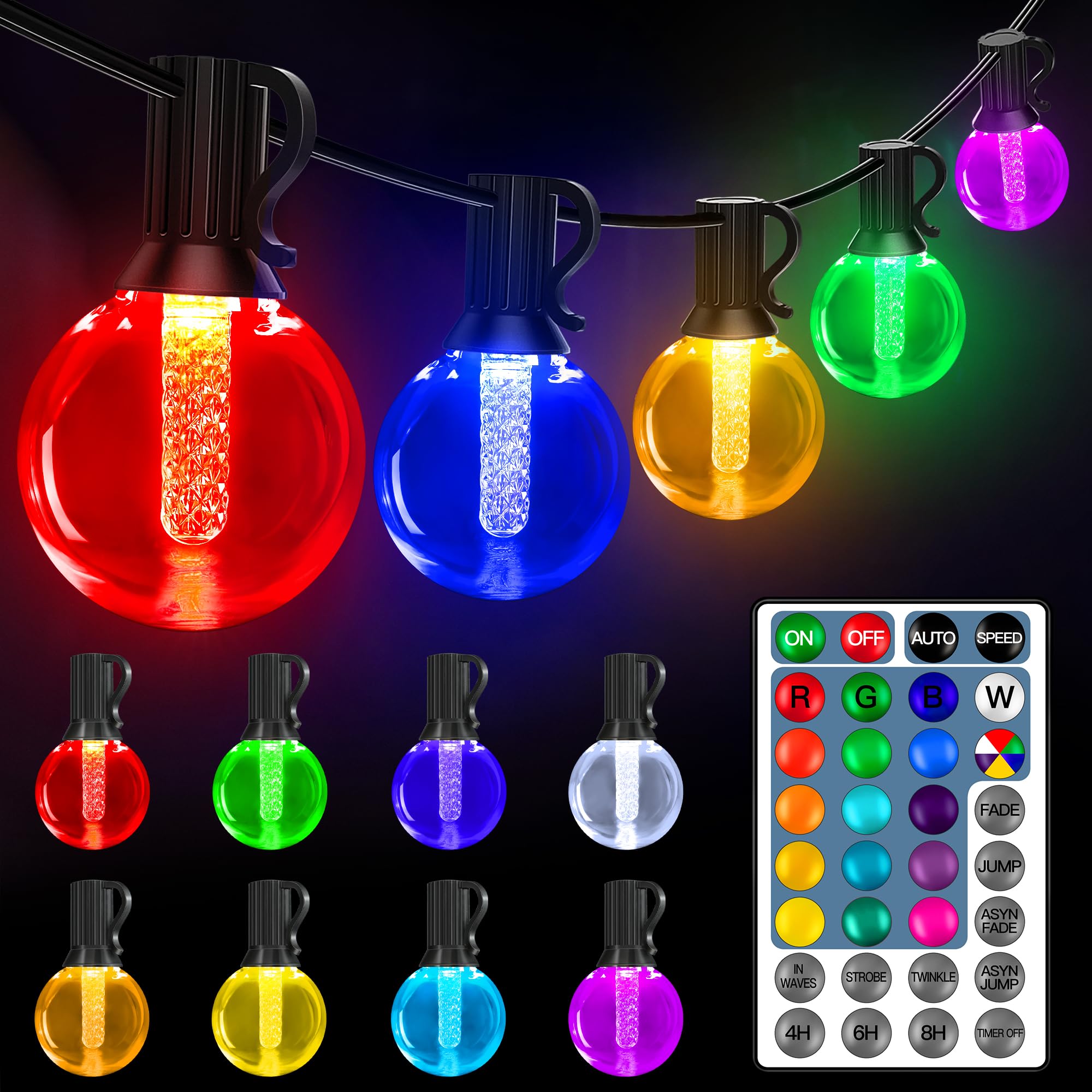 Ollny Christmas Lights Outdoor 30FT RGBW, Color Changing String Light with 20 Edison + 1 Spare G40 LED Bulbs, Plug in Remote Waterproof Connectable Timers Patio Lights for House Indoor Outside