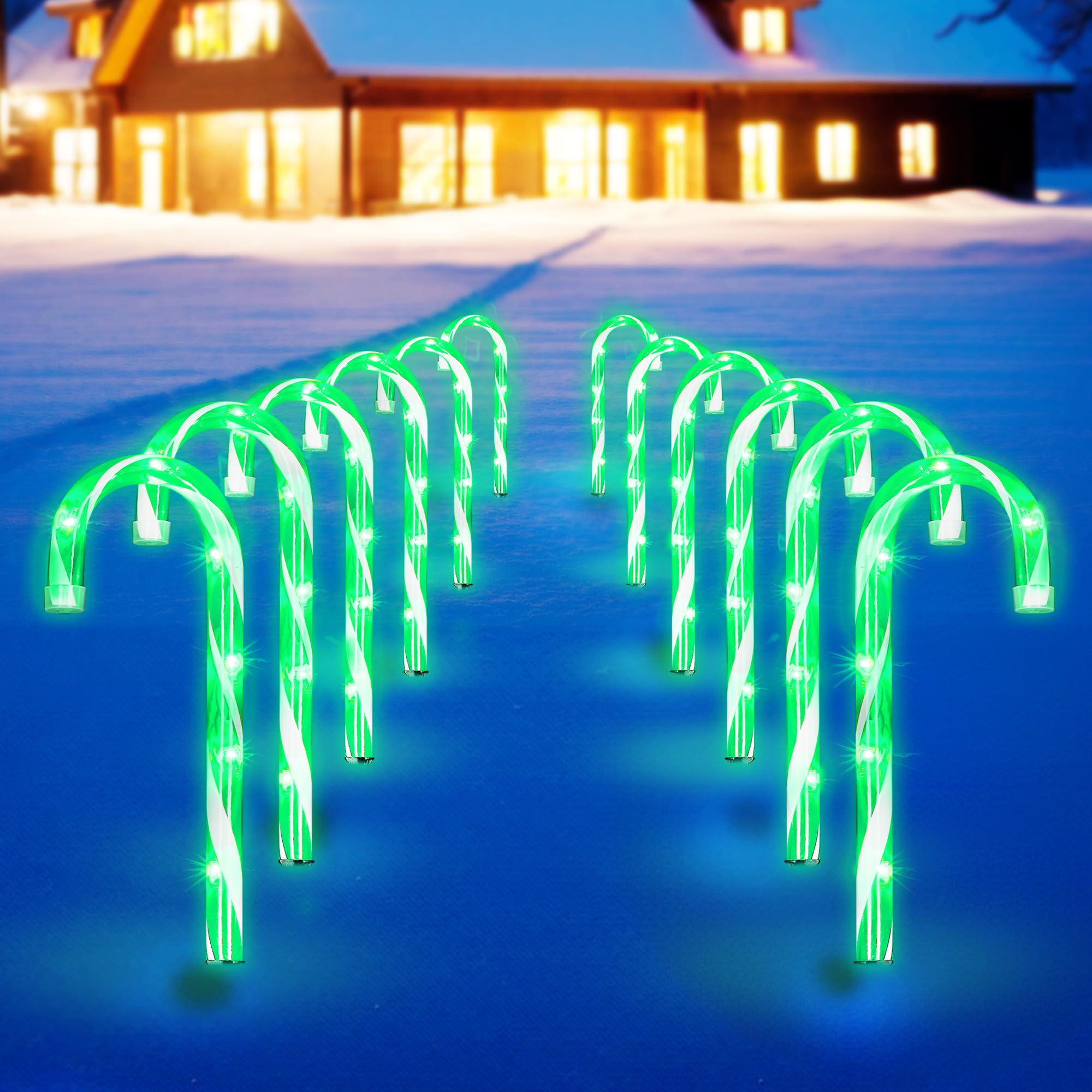 KiflyTooin Christmas Candy Cane Pathway Lights, 12 Pcs, 72 Count Incandescent, Green, Model HCH-36/1F-E19