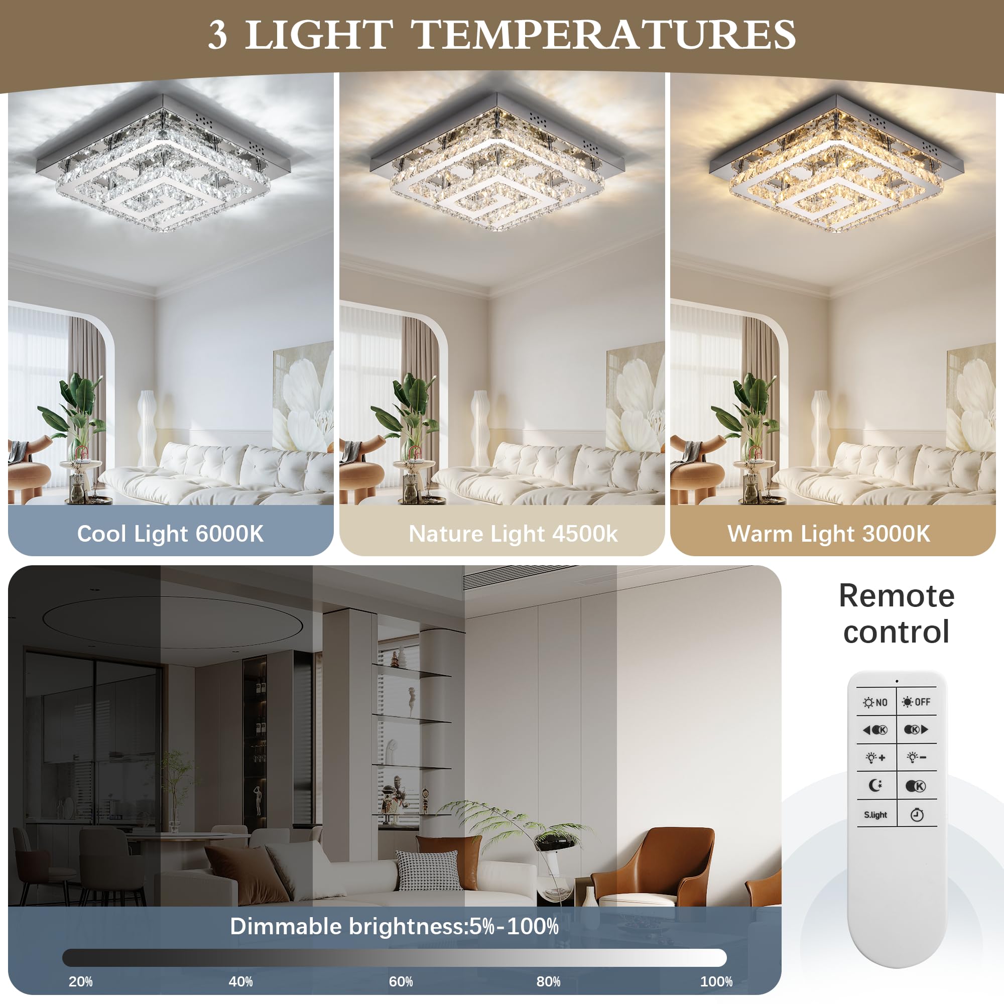 18'' Crystal Chandelier With Remote Control, 3 Color Temperature Light Fixture & Brightness Adjustable, Modern Flush Mount Led C
