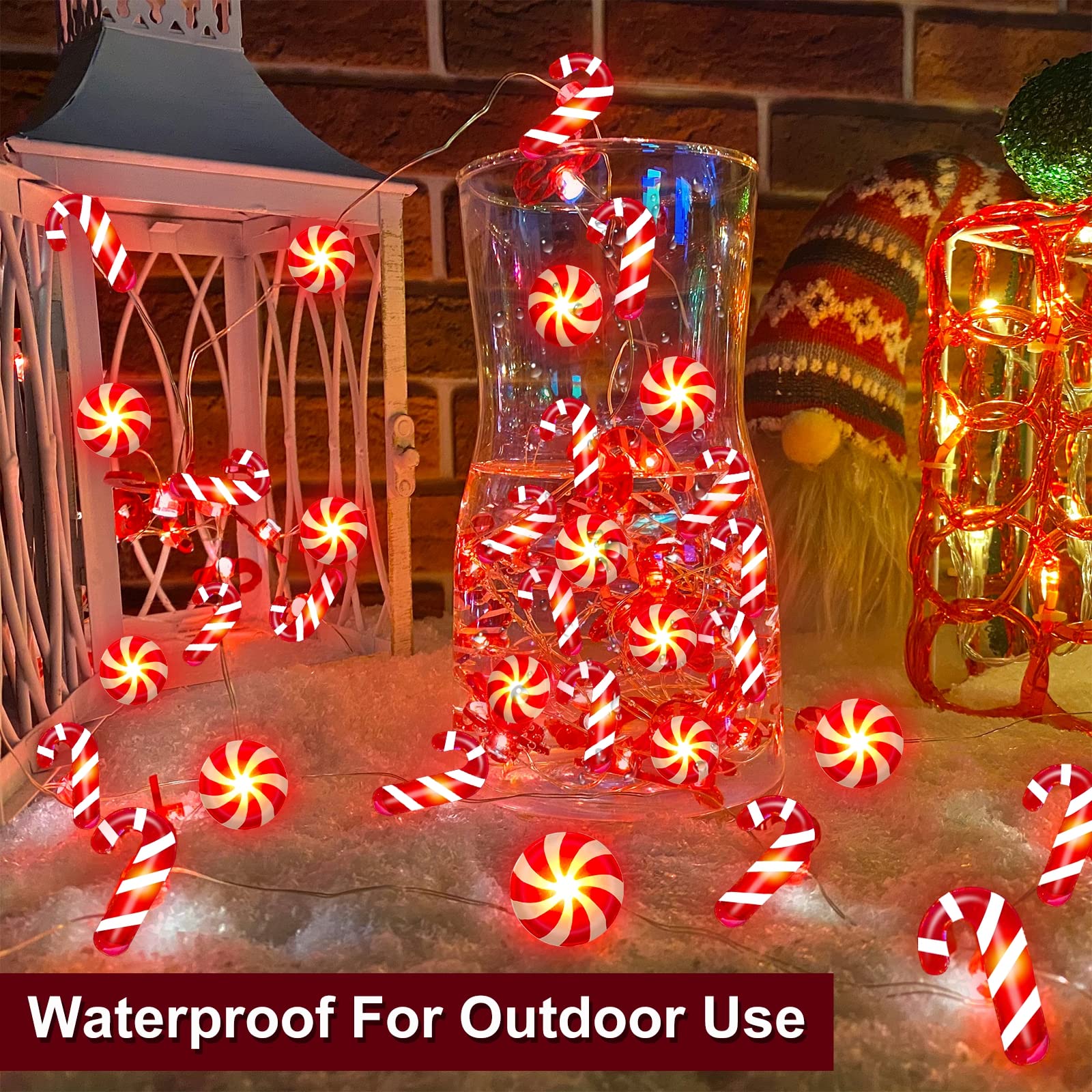 TURNMEON 26.2Ft 80LED Candy Cane Christmas String Lights with Timer, Remote Control, Battery Operated, Warm White, Red