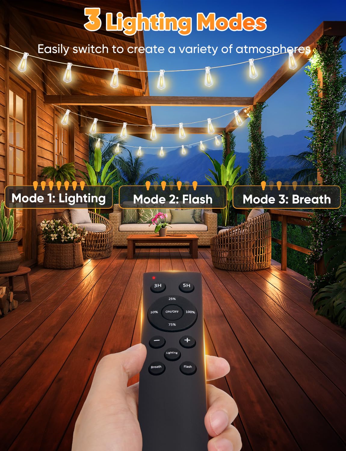 Brightever 200FT Outdoor String Lights with Remote, 62 ST38 LED Bulbs, Waterproof IP65, White, Model CMPC-O60XA