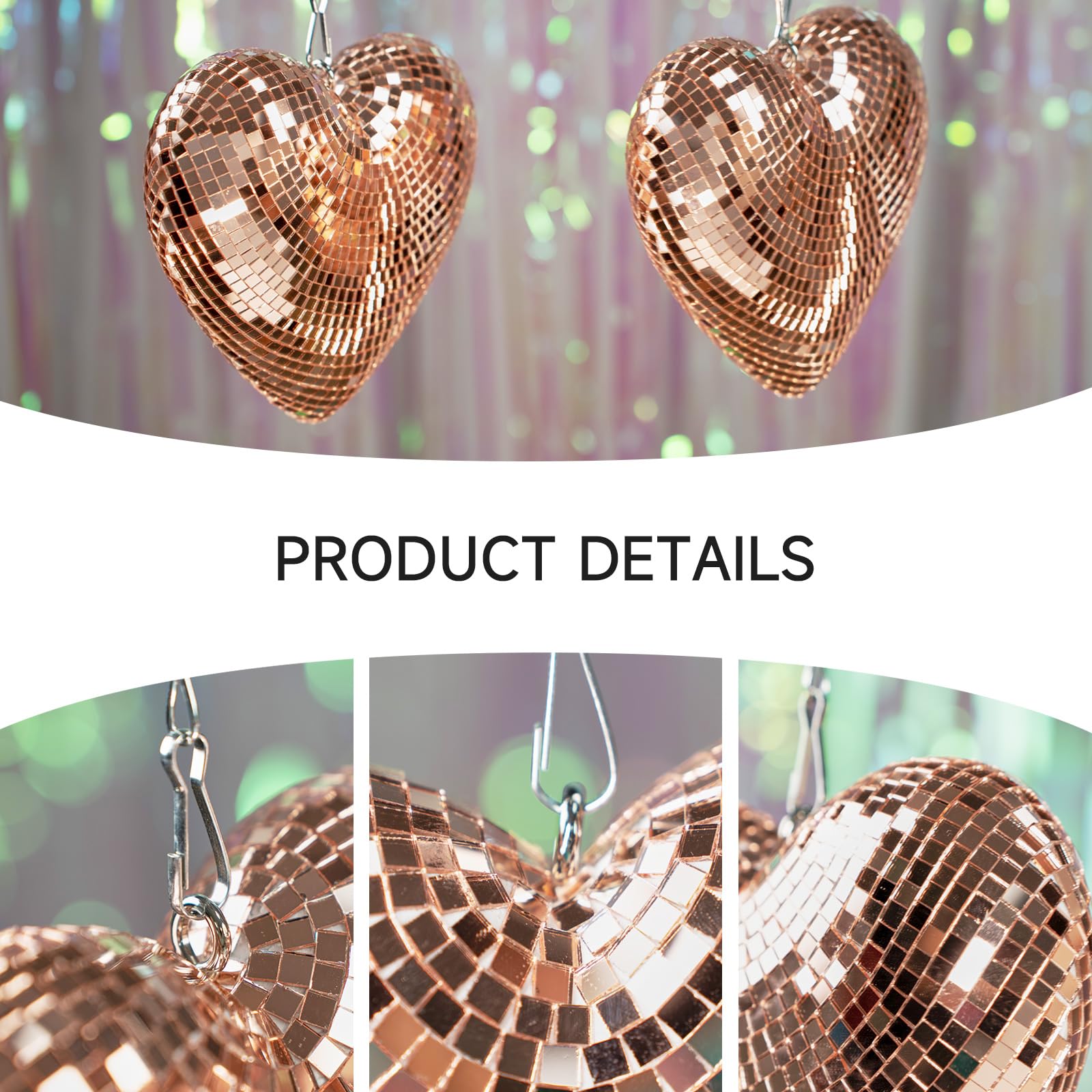 Favation Heart Shaped Disco-Ball - 2 Pack, Rose Gold, 6.3 inch Glass Mirror Balls for Home, Room, Party Decor