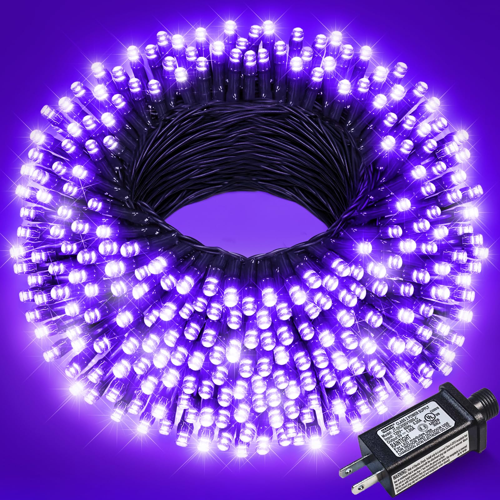 Nielfoi Halloween Lights, 200 LED Purple String Lights, 66FT, Waterproof, 8 Modes, Indoor/Outdoor, Green Wire, Model BG-CL3M3-306L01
