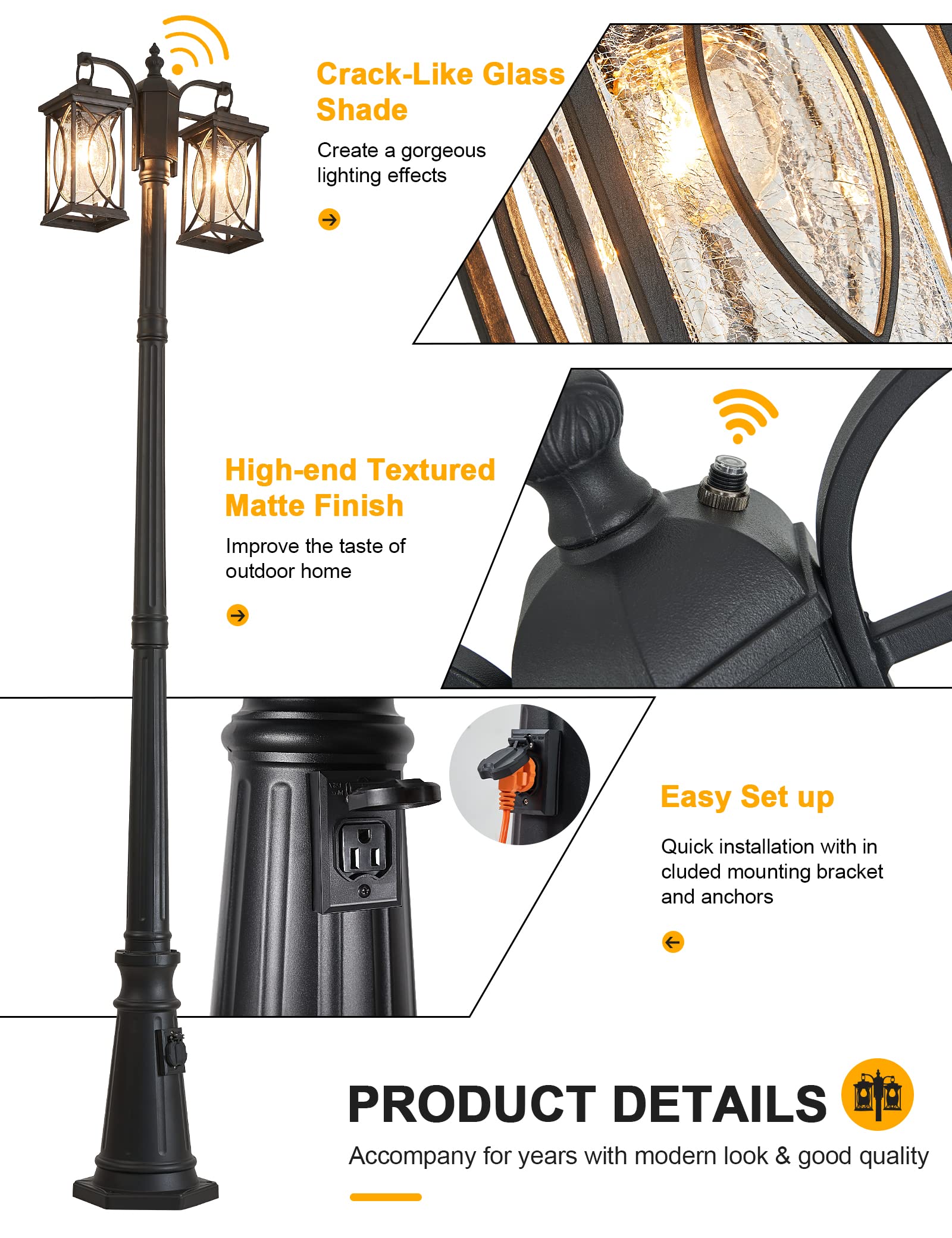 Delicavy Dusk To Dawn Outdoor Lamp Post Light Modern 2-Head Street Pole Light Fixtures With Outlet, Waterproof Black Outside Str