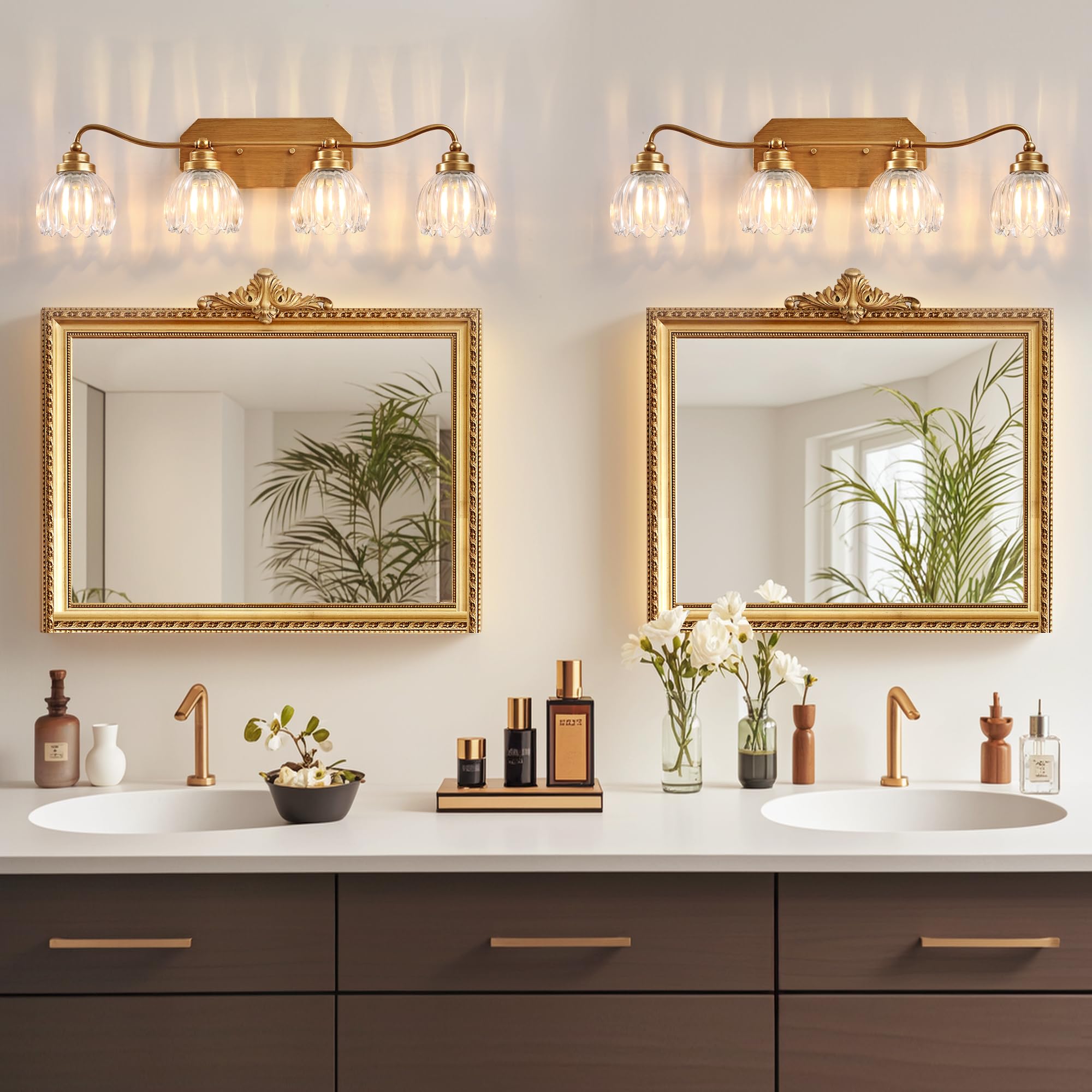 Cmnvmn Vintage Bathroom Light Fixtures  4 Light Gold Bathroom Vanity Light  Matte Antique Brass Finish With Crystal Glass Shade  Wall Sconces Lighting For Bedroom  Living Room  Hallway