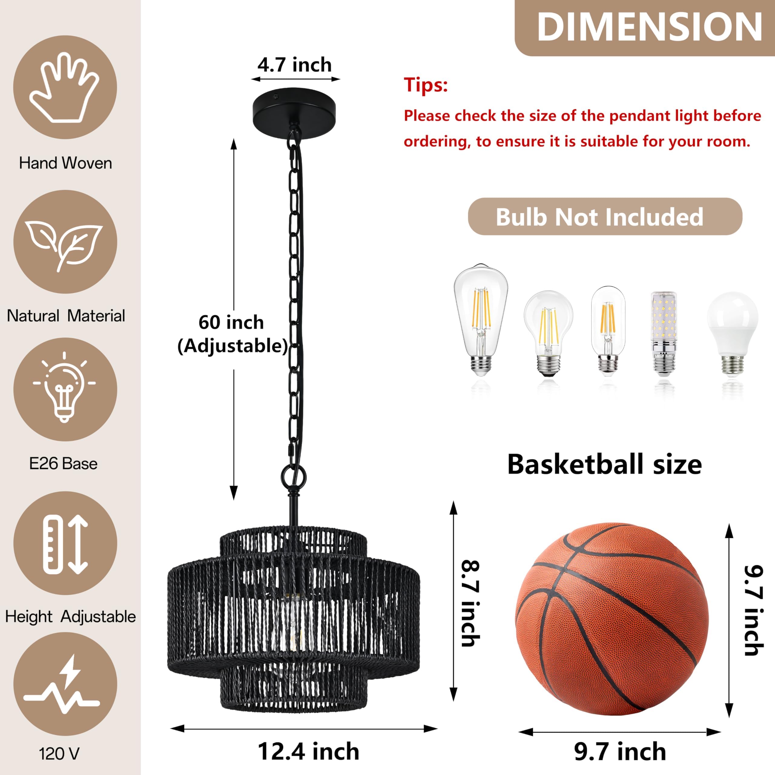 Bagood 12.4'' Black Woven Pendant Light 1 Light Black Rattan Chandelier Black Hand-Woven Rattan Chandelier 3-Tier Rattan Black P