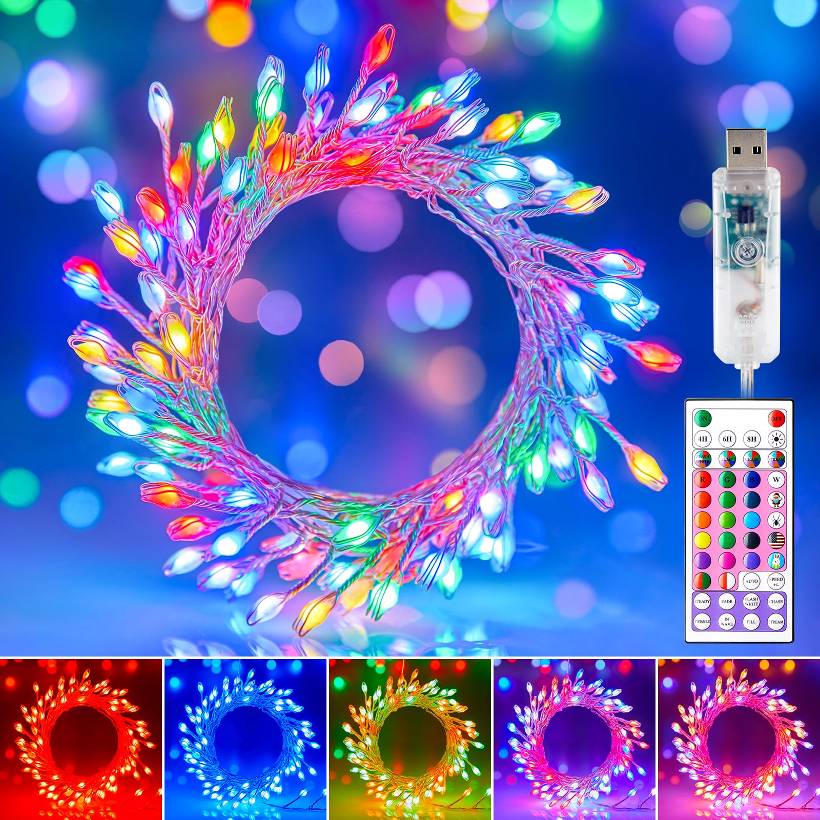 Moonflor 10FT Fairy Lights Color Changing - 100 LED 22 Colors Cluster Fairy Lights with Remote, Firecracker String Lights with 12 Modes, Valentines Fairy Lights for Bedroom Indoor Classroom Christmas