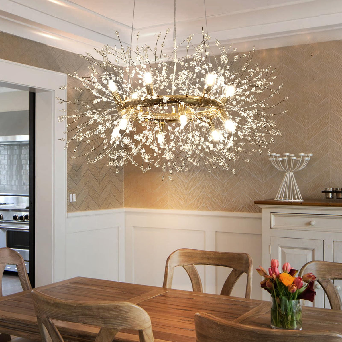 HUOKU Modern Crystal Firework Chandelier, 12-Light (Bulb Included) Gold Dandelion Dining Room Light Fixtures, Round Hanging Pend