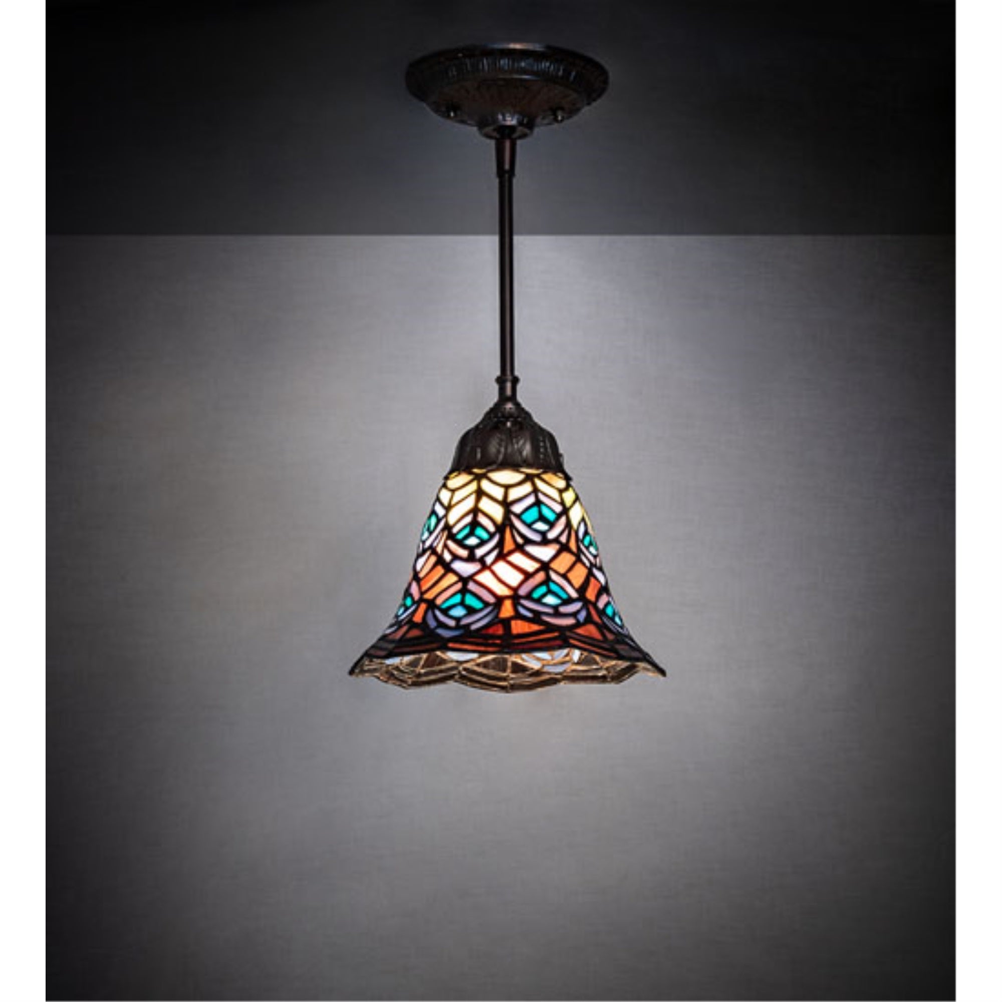 8 inch Wide Tiffany Peacock Feather Mini Pendant