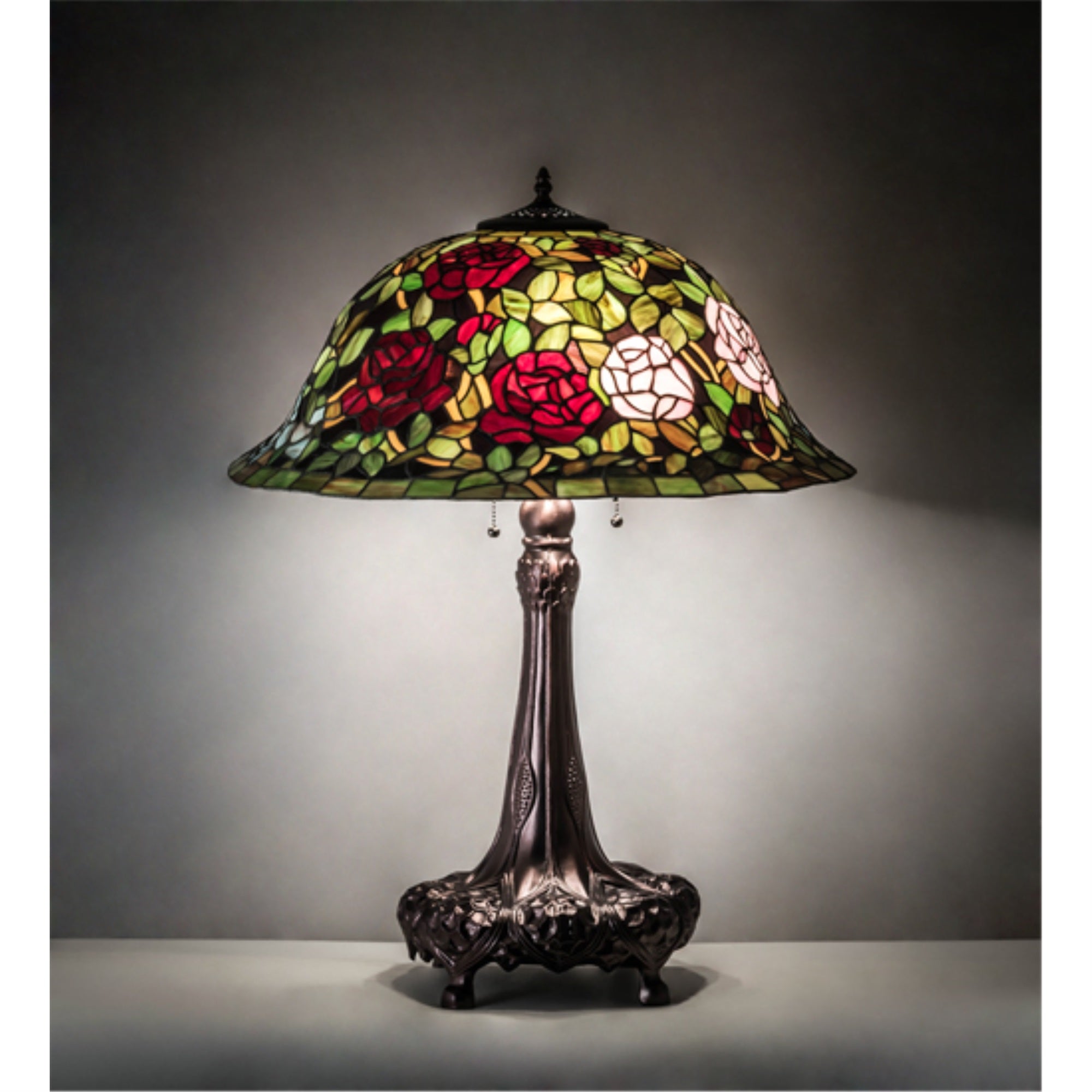 Meyda Tiffany 31in High Tiffany Rosebush Table Lamp, Bronze/Dark Glass, Model 82452