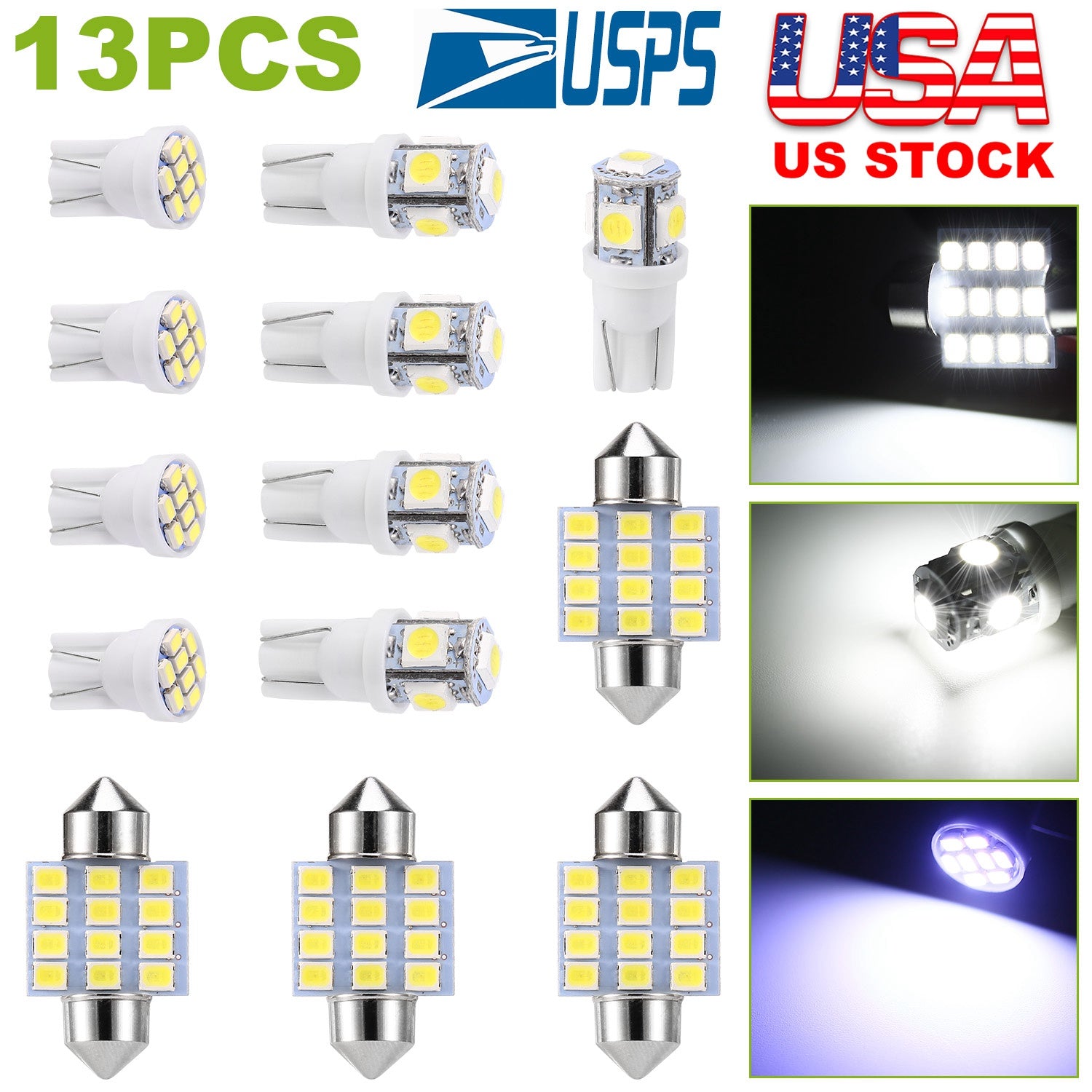 13Pcs T10 31mm Festoon LED Light Bulb Interior Dome Map LED Lights License Plate Trunk Side Positioning Lights 6000K White